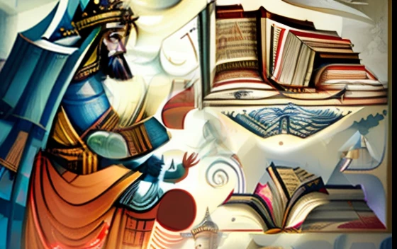 uma pintura de um homem lendo um jornal ao lado de um celeiro, NOAH's ARK, Moses, biblical image, ancient biblical, bible illustration, biblical painting, Jeremias, biblical art, Antigo Testamento, Arquimedes, epic biblical depiction, Construction, arquiteto, Babel, Direction: Scott M. Fischer, biblical, Biblioteca de Babel, biblical art style, erudito, Da Vinci