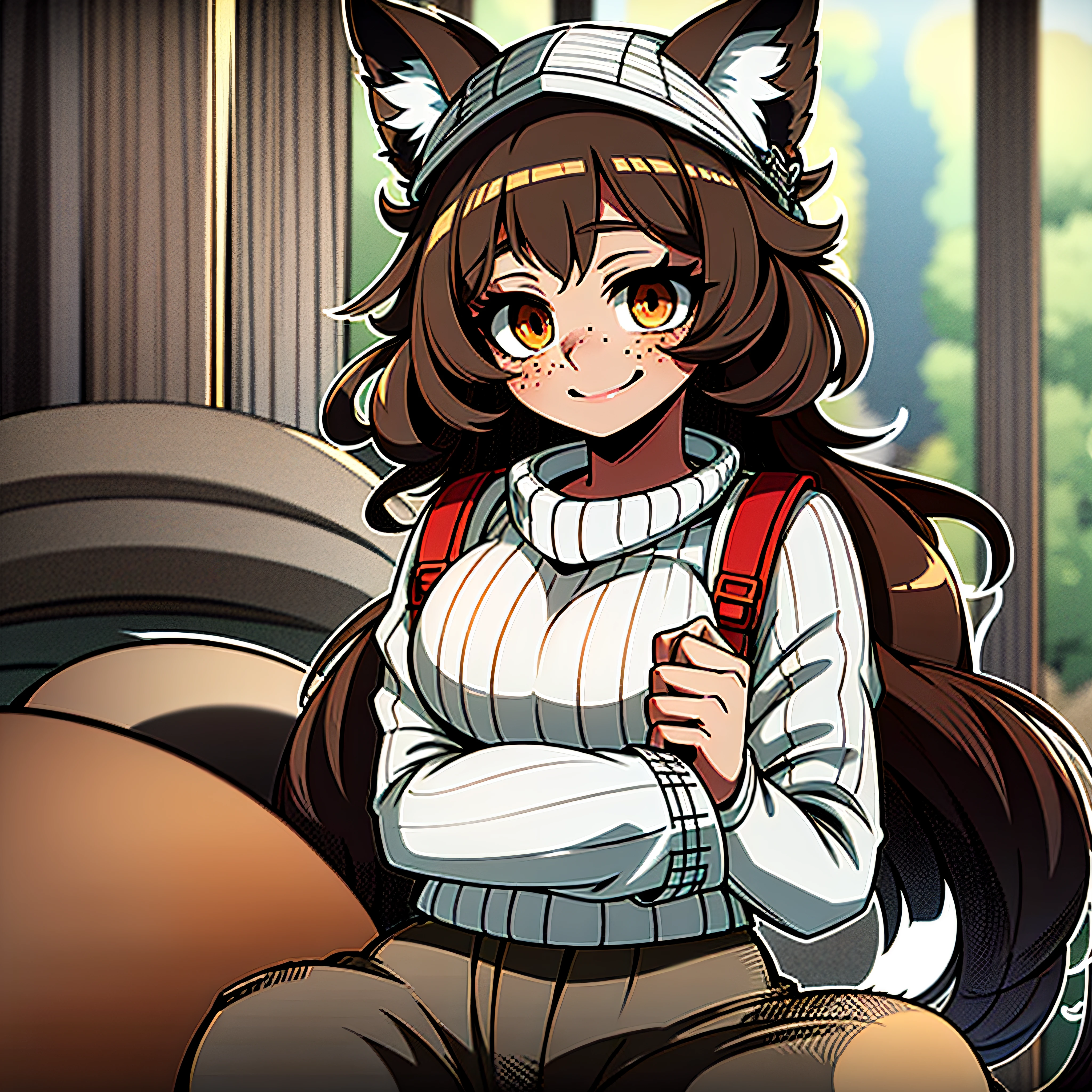 11girl with a brown shirt and brown pants, brown backpack, scaled skin, bronze skin, ( brown skin ), redwood forest themed outfit, oversized outfit, ( ( brown skin ) ), faired skin, taned skin, tanned skintone, brown socks, brown eyes, (brown eye color), brown hair, (curly hair), long hair, black shorts, freckles, (freckles), fox brown tail, fox ears brown, fox tail and ears brown colored, blush, little smile, striped brown sweater, striped brown sweater light brown and dark brown stripes
