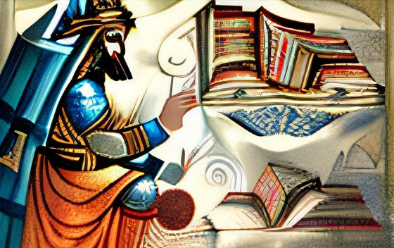 uma pintura de um homem lendo um jornal ao lado de um celeiro, NOAH's ARK, Moses, biblical image, ancient biblical, bible illustration, biblical painting, Jeremias, biblical art, Antigo Testamento, Arquimedes, epic biblical depiction, Construction, arquiteto, Babel, Direction: Scott M. Fischer, biblical, Biblioteca de Babel, biblical art style, erudito, Da Vinci