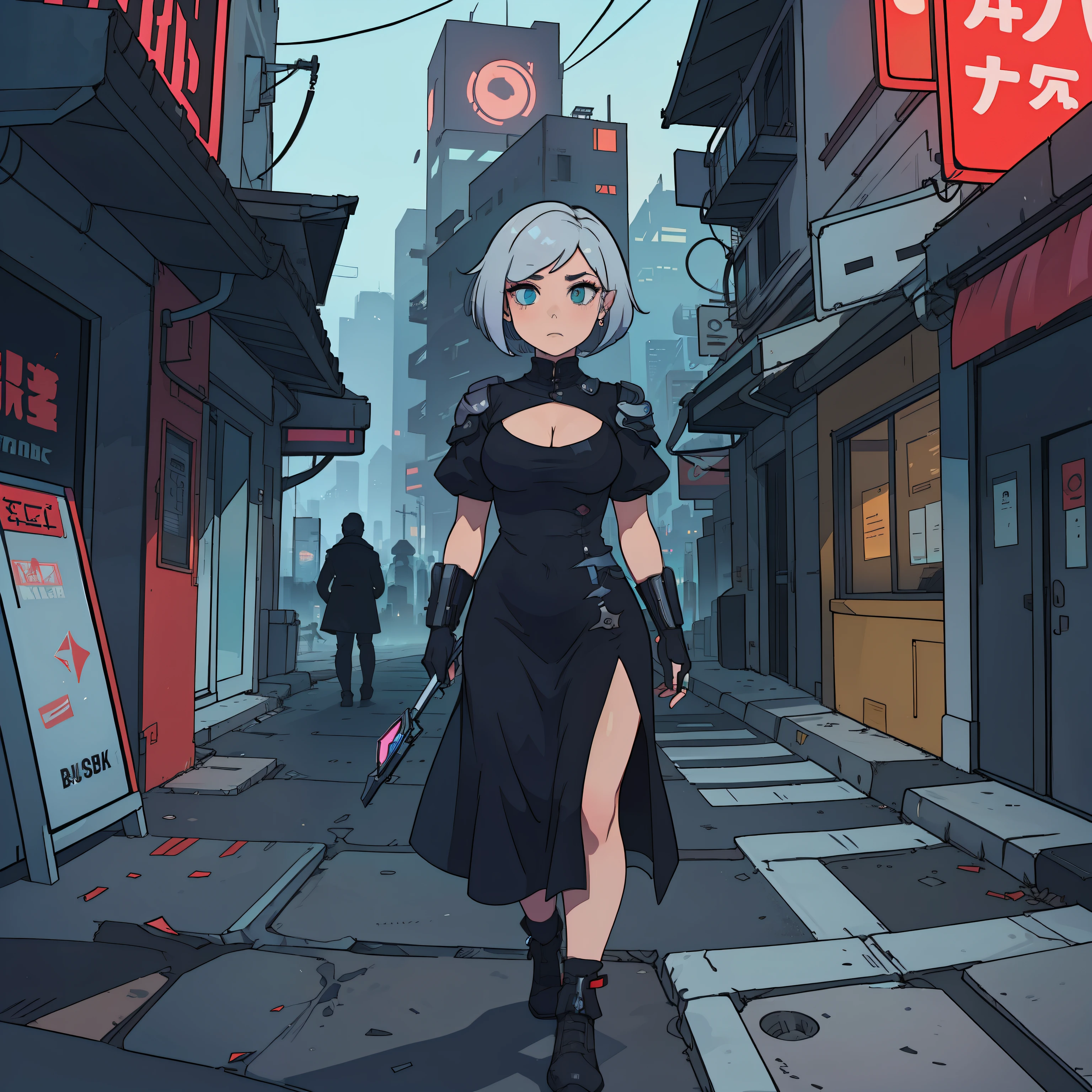 (obra-prima:1.3), (melhor qualidade), mulher, 2B , vestido cyberpunk, cidade cyberpunk