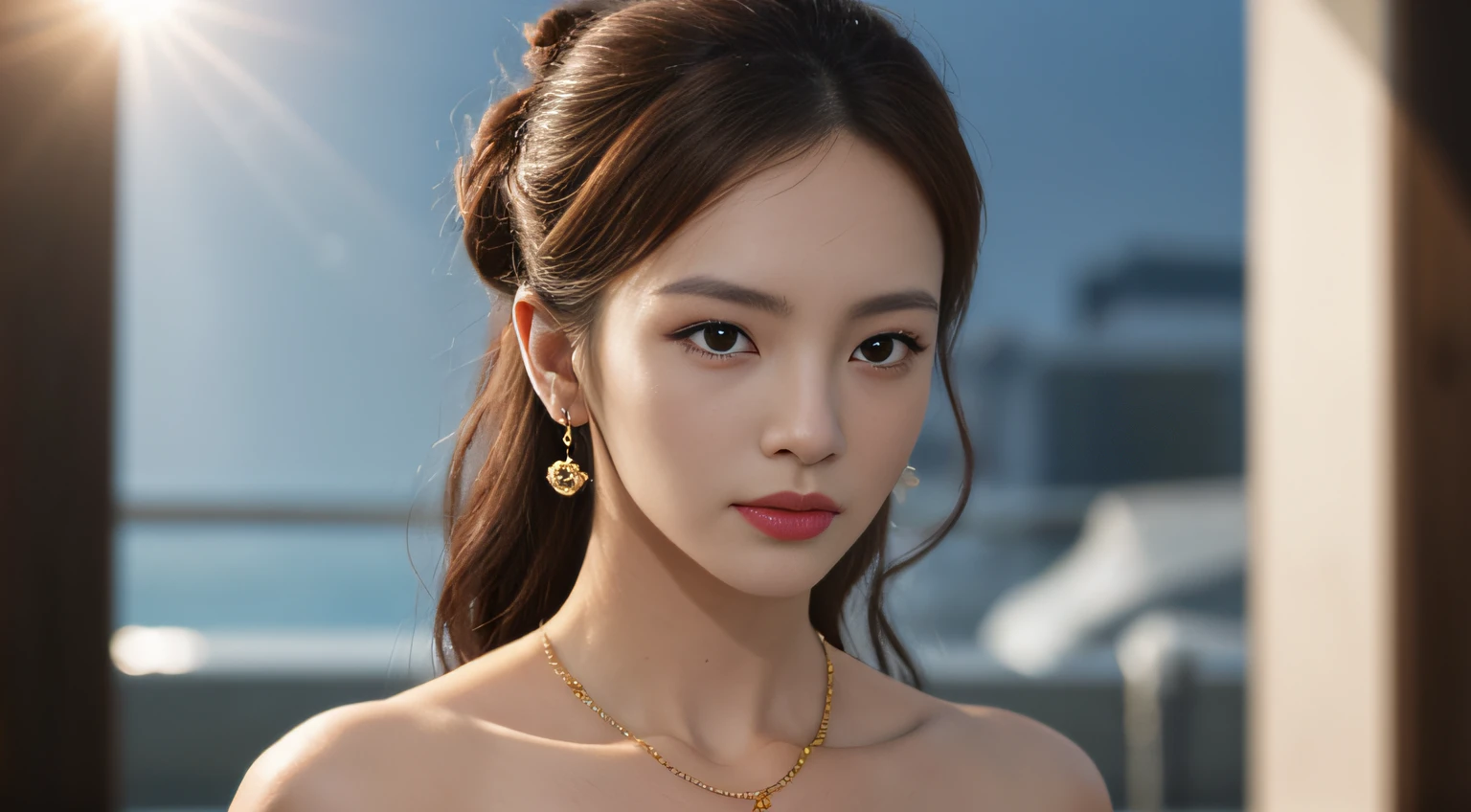 masterpiece,best quality,highres,ultra detailed,realistic,photorealistic,authentic skin texture,RAW photo,finely detail,beautiful detailed eyes,extremely detailed eyes and face,light on face,mature,the best light and shadow,smooth and radiant skin,
closed mouth, collarbone,bare shoulders,longeyelashes, 1girl, (night:1.2),half updo, street background,lens flare,necklace, earrings, large breasts,