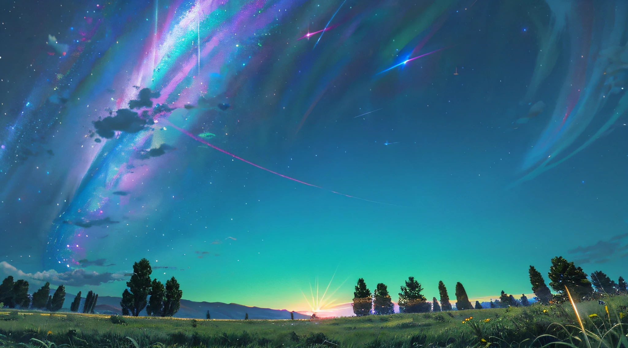 Led by the North Star in the night sky, the surrounding lights are colorful and spread above the vast grassland. In the grassland under the starry sky, it is overgrown with verdant grass.