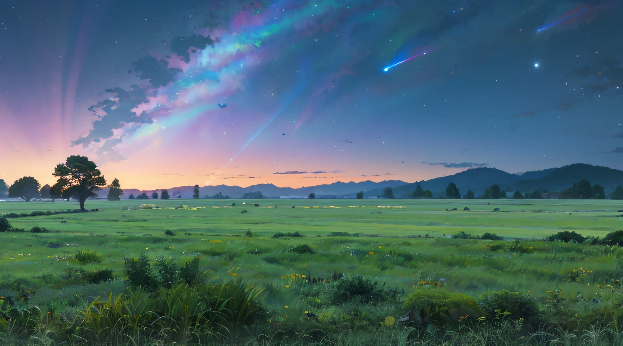 Led by the North Star in the night sky, the surrounding lights are colorful and spread above the vast grassland. In the grassland under the starry sky, it is overgrown with verdant grass.