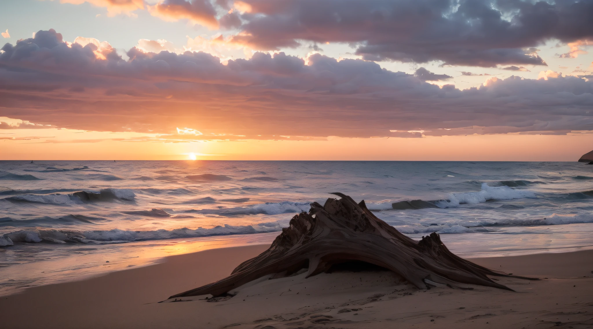 sunset at the beach, There are strangely shaped tree roots, （Curved roots） sunset at the beach, sunset at the beach, Beach at sunset, sunrise, On the beach at sunset, The day is over, Sunset glow, Show the beach at sunset, Sunset Beach, beach sunset background, sun down, On the beach at sunset, Surrealisality, highdetail, cinematic lighting, hasselblatt, Ultrahigh definition, 걸작, coordinate, anatomical correct, super-detail, highdetail, high quailty, A high-resolution, best qualiy, award-winning, 8K , Fujicolor, Fujifilm, Sony FE GM, retina, award winning, best quality, highres, 8k, high details, high quality, super detail, anatomically correct, masterpiece --auto
