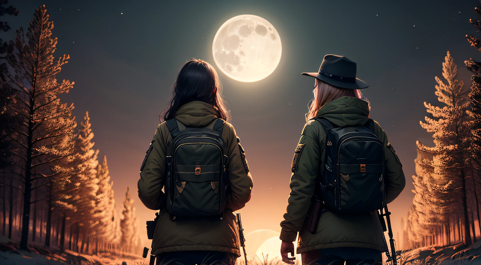 background, night, full moon, forest, two women with rifles behind their backs --auto