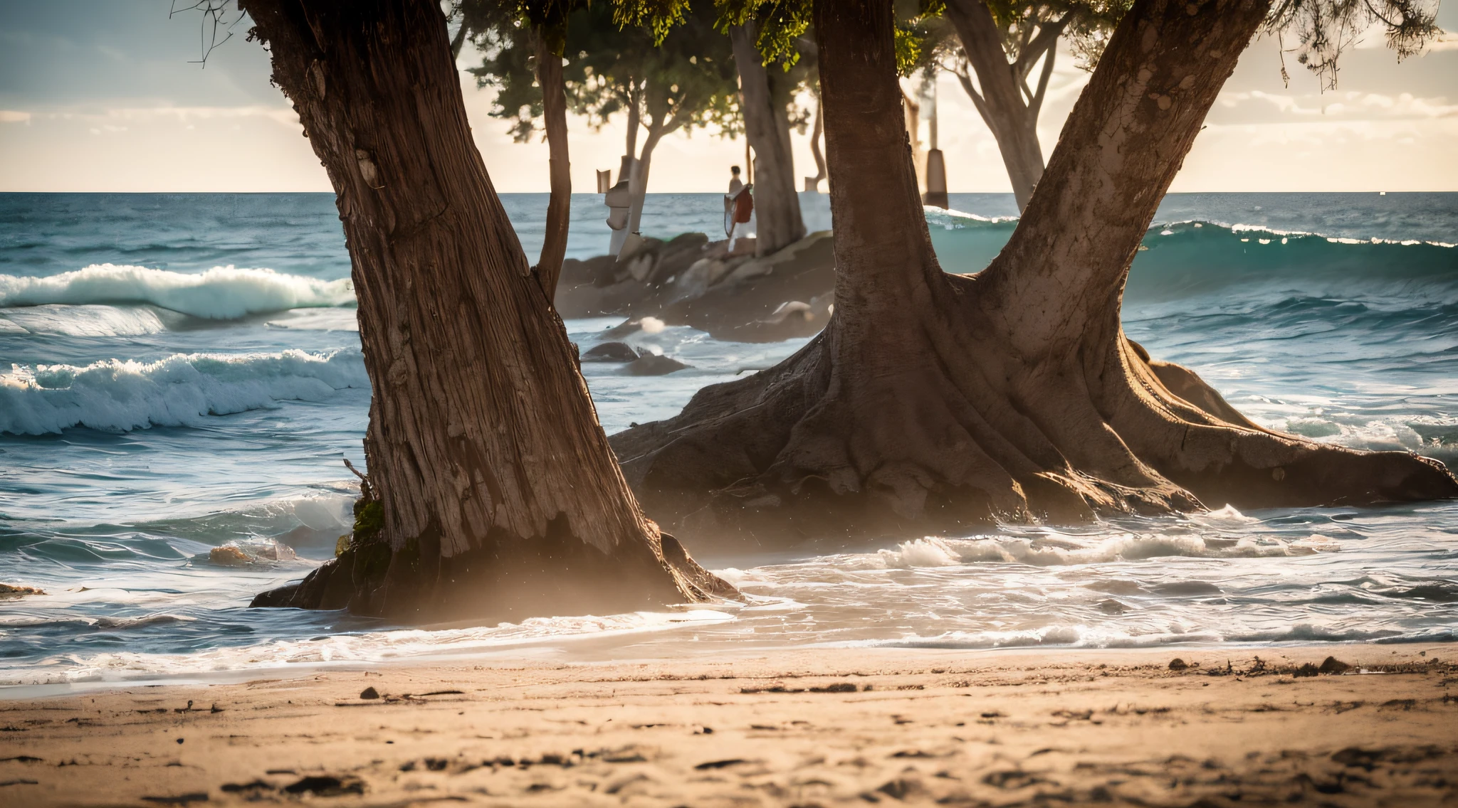 sunset at the beach, There are strangely shaped tree roots, （Curved roots） sunset at the beach, sunset at the beach, Beach at sunset, sunrise, On the beach at sunset, The day is over, Sunset glow, Show the beach at sunset, Sunset Beach, beach sunset background, sun down, On the beach at sunset, Surrealisality, highdetail, cinematic lighting, hasselblatt, Ultrahigh definition, 걸작, coordinate, anatomical correct, super-detail, highdetail, high quailty, A high-resolution, best qualiy, award-winning, 8K , Fujicolor, Fujifilm, Sony FE GM, retina, award winning, best quality, highres, 8k, high details, high quality, super detail, anatomically correct, masterpiece --auto
