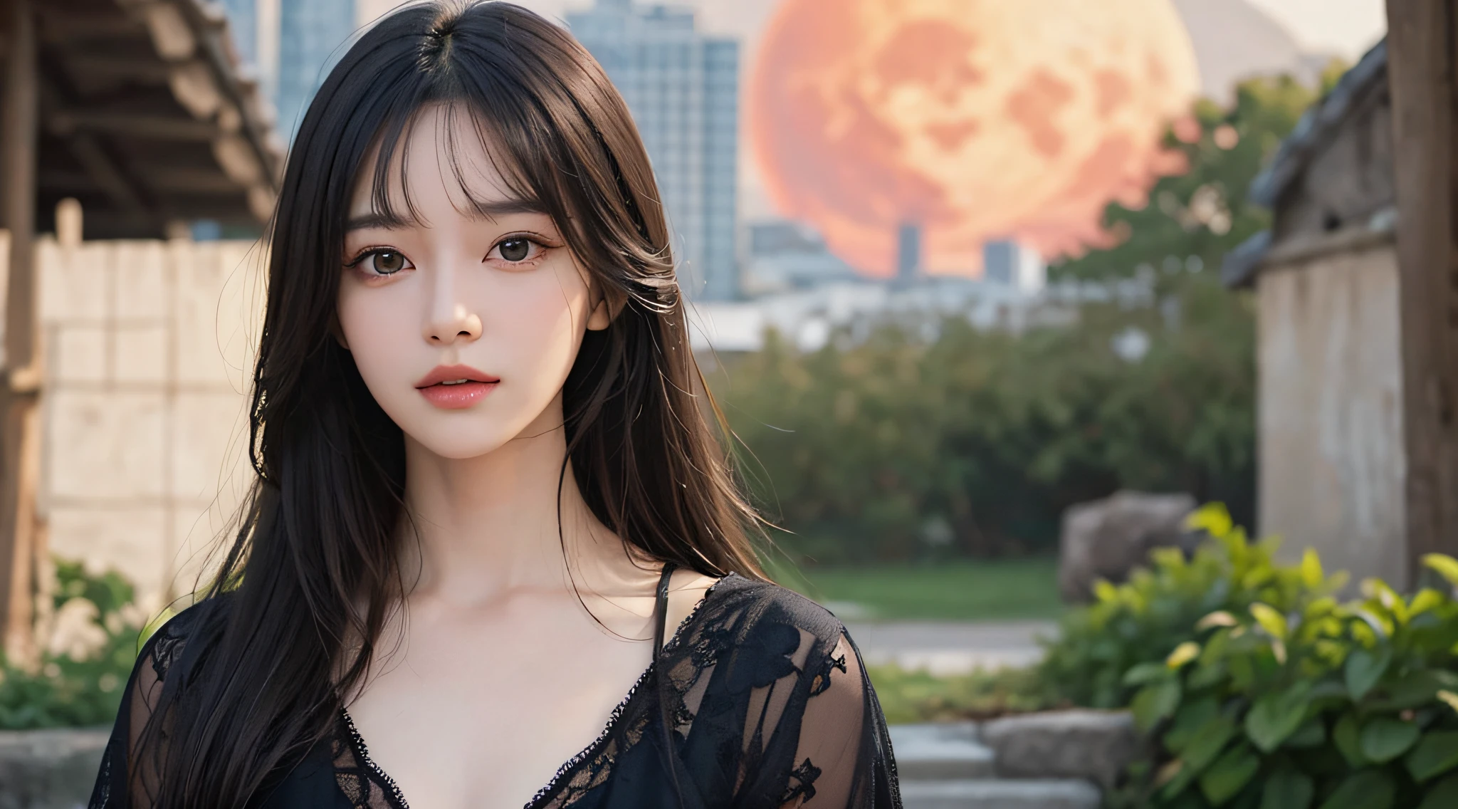 Masterpiece, best picture quality, high quality, beautiful woman, Japanese, popular Korean makeup, detailed, swollen eyes, detailed eyes, detailed skin, beautiful skin, ultra high resolution, (reality: 1.4),very beautiful, slightly younger face, beautiful skin, slender, (ultra realistic), (illustration), (high resolution), (8K), (very detailed) (best illustration), (beautifully detailed eyes), (super detailed), (wallpaper), (detailed face), looking at viewer, fine details, detailed face, pureerosfaceace_v1, smiling, looking straight ahead, looking straight ahead, angle from waist up, realistic photo, bright lighting, professional lighting, black hair (some of hair part green), long hair, dark ruins, big red moon, gorgeous red and black dress, mature woman, long stylish bangs,