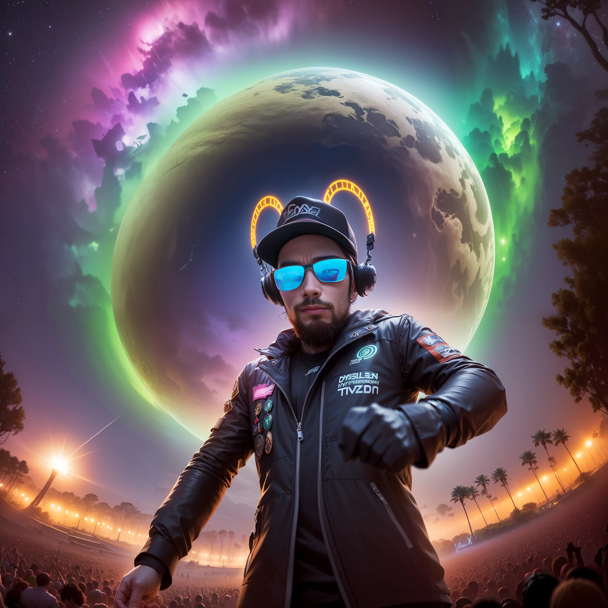 (Masterpiece) (Unsplash Professional Photo of Alden a world famous ultra handsome young superstar DJ and EDM producer Alden is mixing in an alien planet's mystical forest at galactic dawn with spectacular sunrise, in a massive alien outdoor EDM rave party called Tomorrowland 2026, Alden is surrounded by thousands of dancing ravers::1.3) (Alden is wearing sunglasses and headphones::1.2), (Setting is in an alien planet's mystical forest rave party and in the sky there is a Massive Majestuous Colossally Huge & Breathtaking Awe-inspiring CosmicAlien Quetzalcoatl MotherShip StarShip UFO::1.1) (Quetzalcoatl is visible in the sky in an ominously sublime sight::1.3) hypermaximalist, very intricately detailed and ornamented, goerz hypergon f/8, Hasselblad Photography, candid, dynamic pose