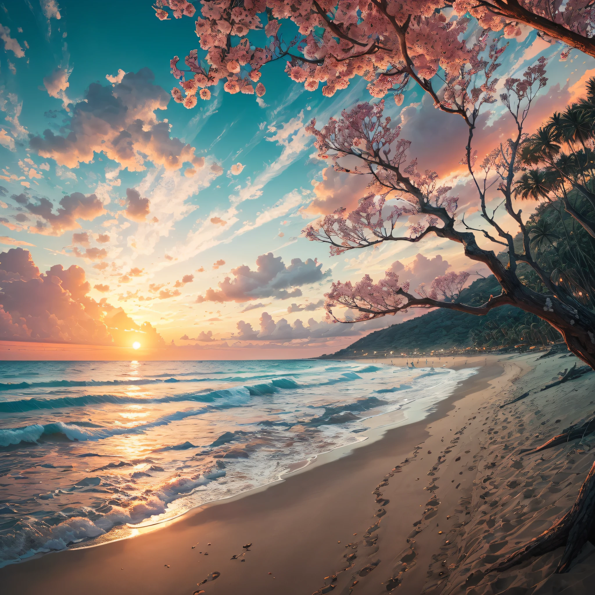 sunset at the beach, There are strangely shaped tree roots, (Curved roots) sunset at the beach, sunset at the beach, Beach at sunset, sunrise, On the beach at sunset, The day is over, Sunset glow, Show the beach at sunset, Sunset Beach, beach sunset background, sun down, On the beach at sunset, Surrealisality, highdetail, cinematic lighting, hasselblatt, Ultrahigh definition, 걸작, coordinate, anatomical correct, super-detail, highdetail, high quailty, A high-resolution, best qualiy, award-winning, 8K , Fujicolor, Fujifilm, Sony FE GM, retina, award winning, best quality, highres, 8k, high details, high quality, super detail, anatomically correct, masterpiece --auto