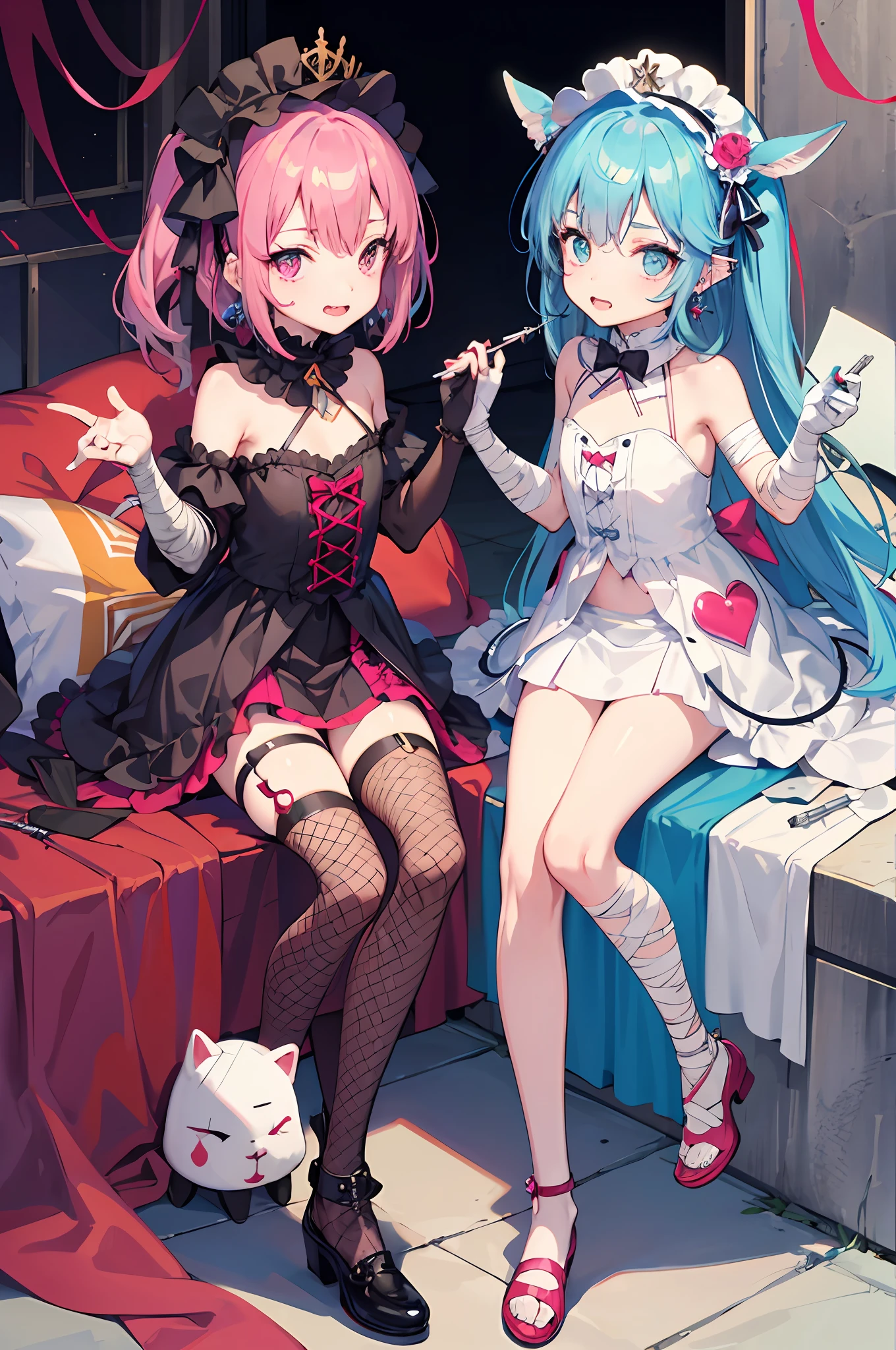 ta fashion,Lolityle,Lori,lovable, Lolita GY2K,Emo style,non-mainstream,Mines are girls,Harajuku style,Exaggerated dressing,Intricate ornaments,Rock style,Gothic style,rivet,ear ring,two tone hair,Pink and blue hair,Half-cut gloves,Leg rings,Metal jewelry,bones,Blood,Maniacal laughter,Sick,fishnet stockings,Unilateral eye patch,flat-chested,small child,small girl,Sutures,bandages,(cardiogram:0.7),Heart-shaped gemstones,Huge syringe