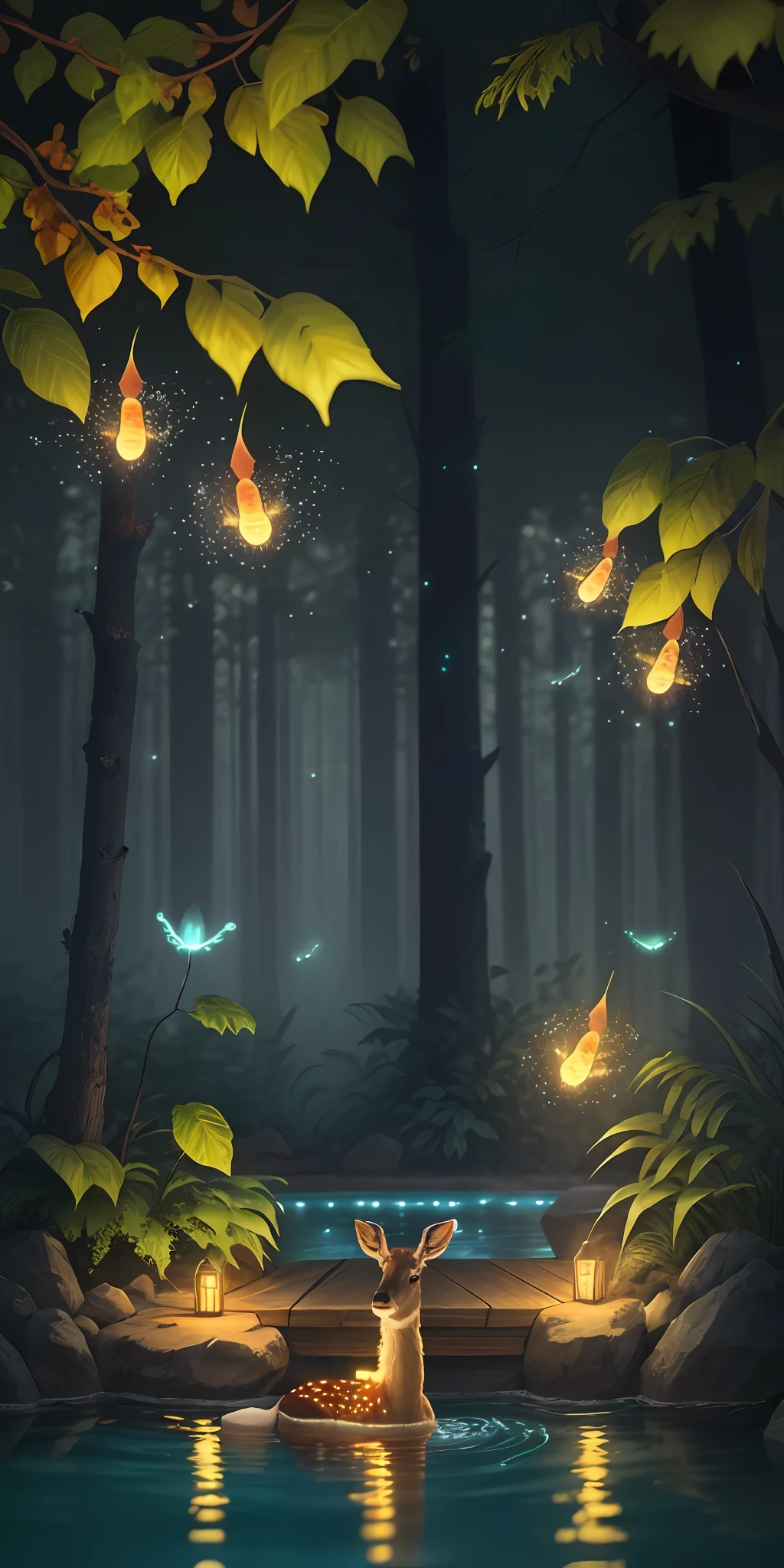 Masterpiece, best quality, (very detailed CG unity 8k wallpaper), (best quality), (best illustration), (best shadows), glow sprite, with a glowing deer, in the swimming pool Drinking water, natural elements in the forest theme. Mysterious forest, beautiful forest, nature, surrounded by flowers, delicate leaves and branches surrounded by fireflies (natural elements), (jungle theme), (leaves), (twigs), (fireflies), (particle effects) etc. 3D , Octane rendering, ray tracing, super detailed