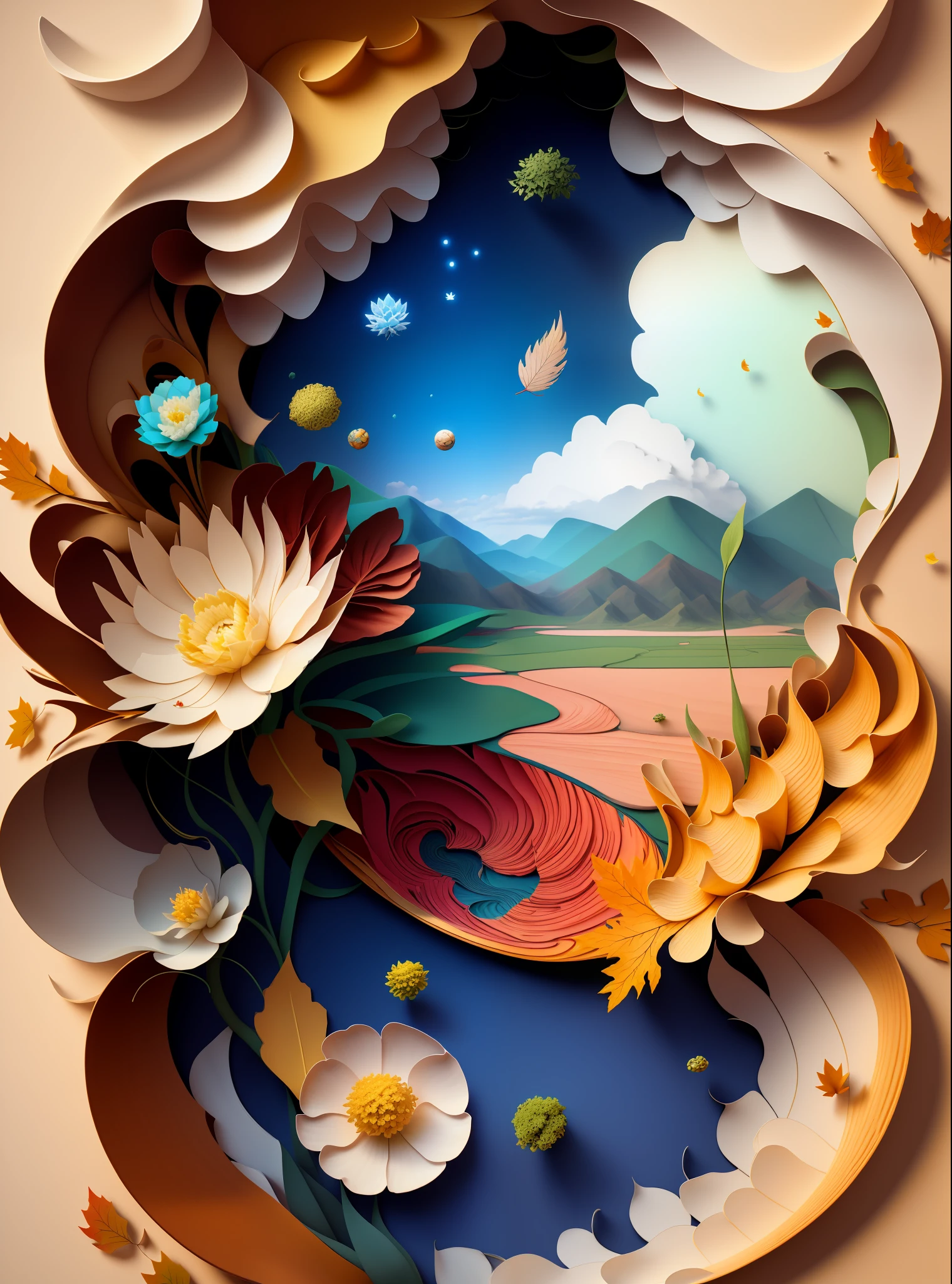 Natural and organic depictions of vast landscapes，Sky and steppe，ikebana，Clouds，extremely windy，Features earth tones and botanical motifs，Withdraw connections to nature and the environment，Influenced by botanical illustrations or environmental art，softlight,(warm color:1.15),best quality exquisite details,3D rendering，maple leaf，Yellow chestnut leaves