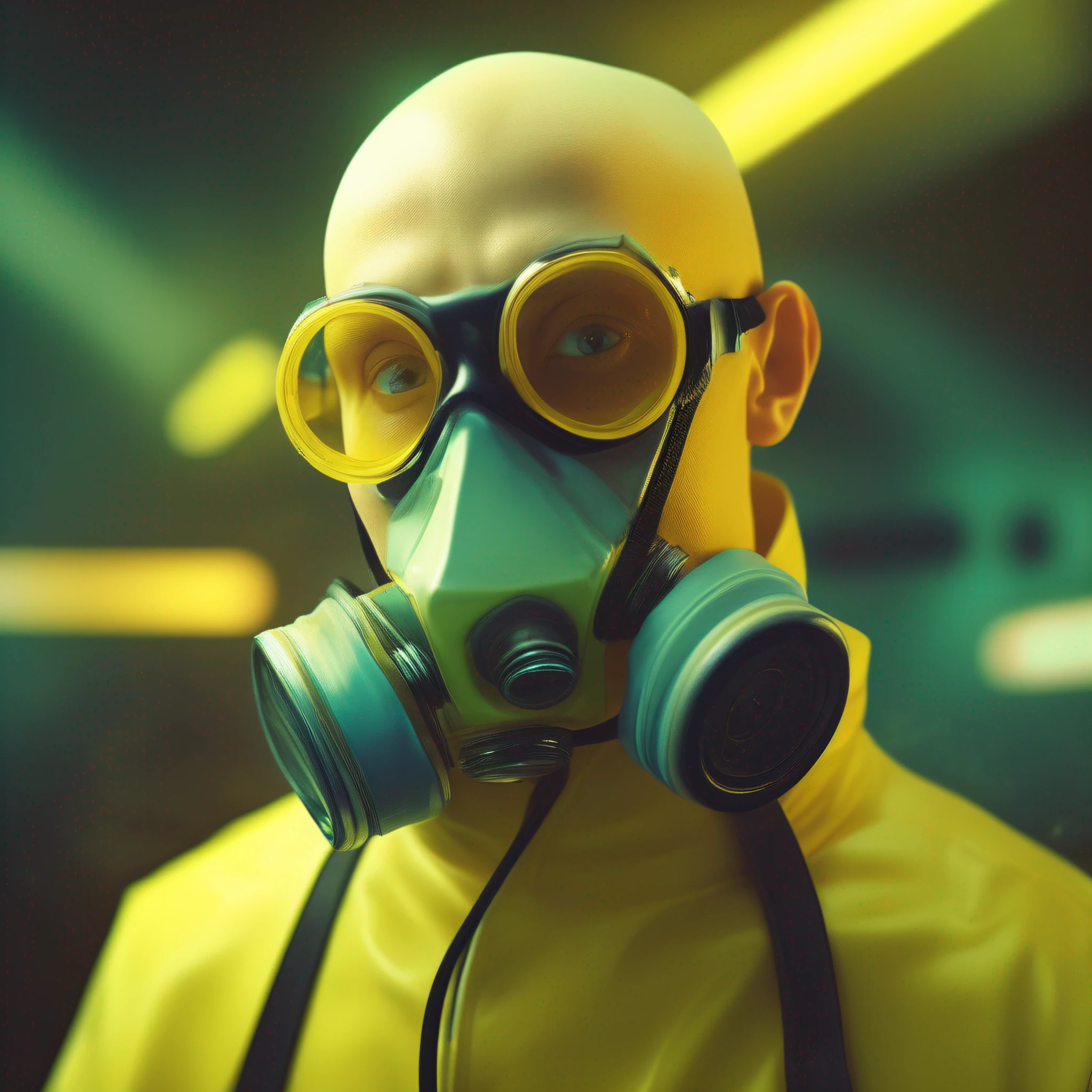 A stunning intricate full colour upper body photo of man wearing glasses, (wearing a yellow lab coat and a gas mask on the head), bald,
epic character composition,
by ilya kuvshinov, alessio albi, nina masic,
sharp focus, natural lighting, subsurface scattering, f2, 35mm, film grain