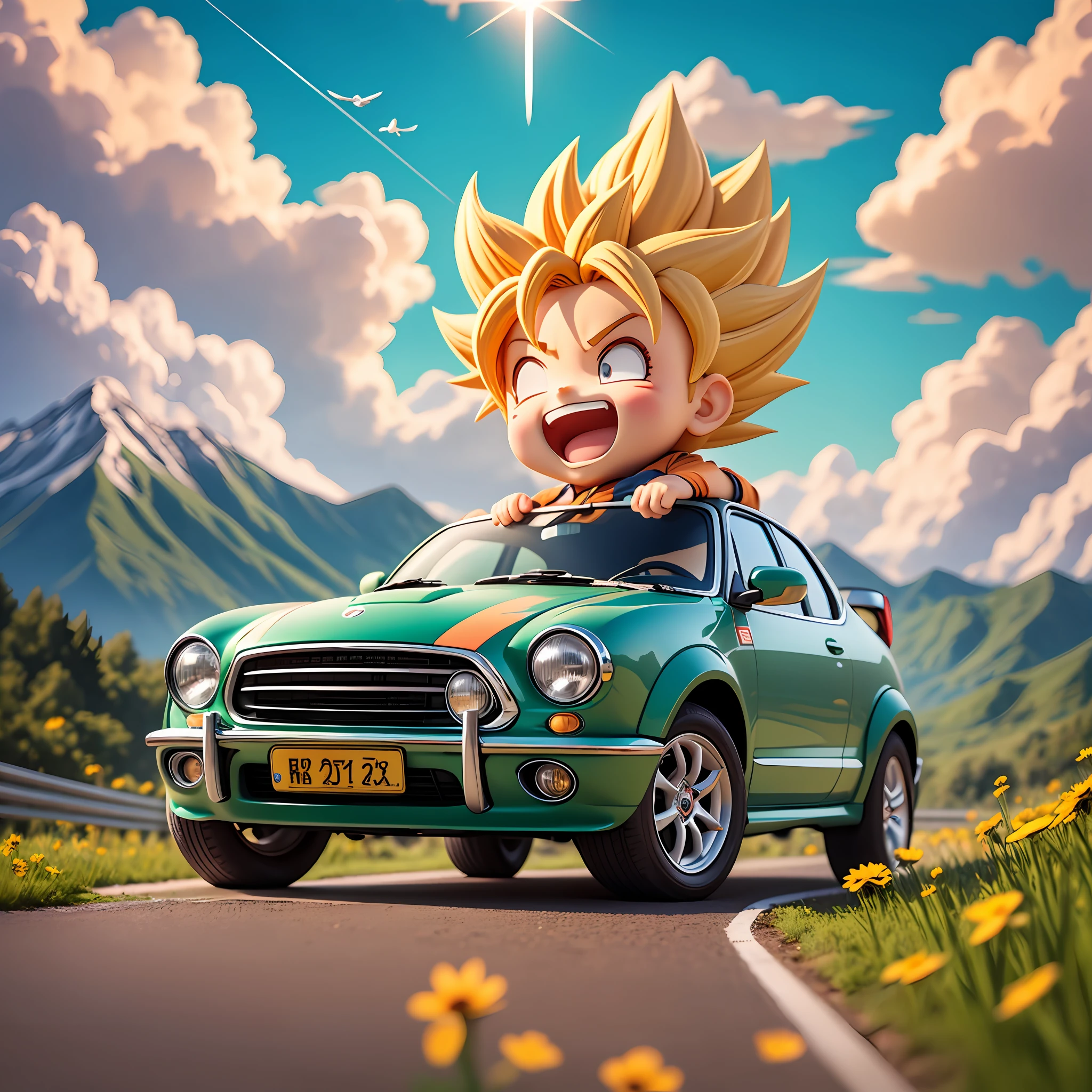 raindrops，Clouds，sunbeam，highway，Little boy driving a car，son goku，super saiyan，Laugh，Spiked hairstyle，Flowers，Mountain，rivers，bird，Entire body，Rich colors，chibi