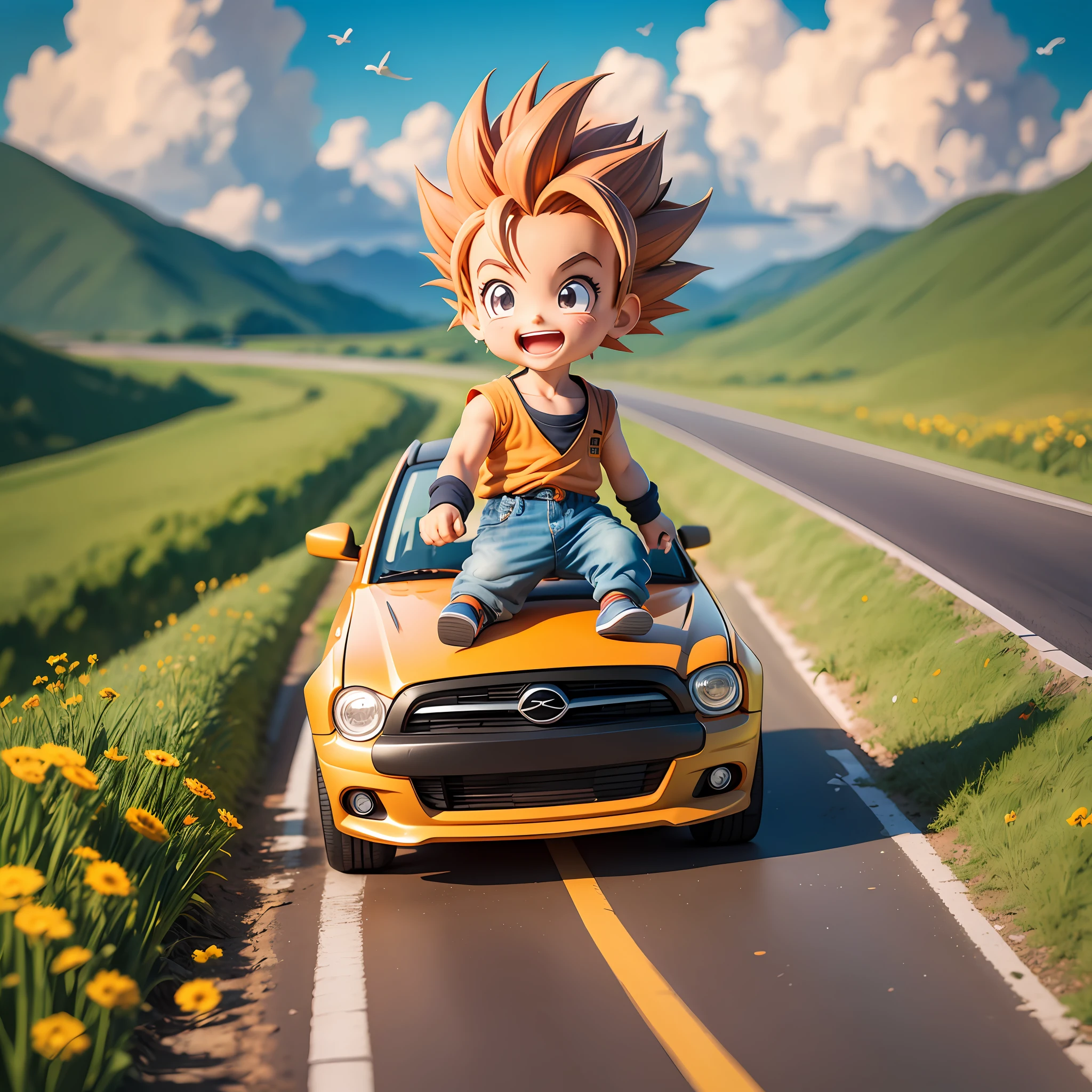 raindrops，Clouds，sunbeam，highway， boy driving a car，son goku，super saiyan，Laugh，Spiked hairstyle，Flowers，Mountain，rivers，bird，Entire body，Rich colors，chibi