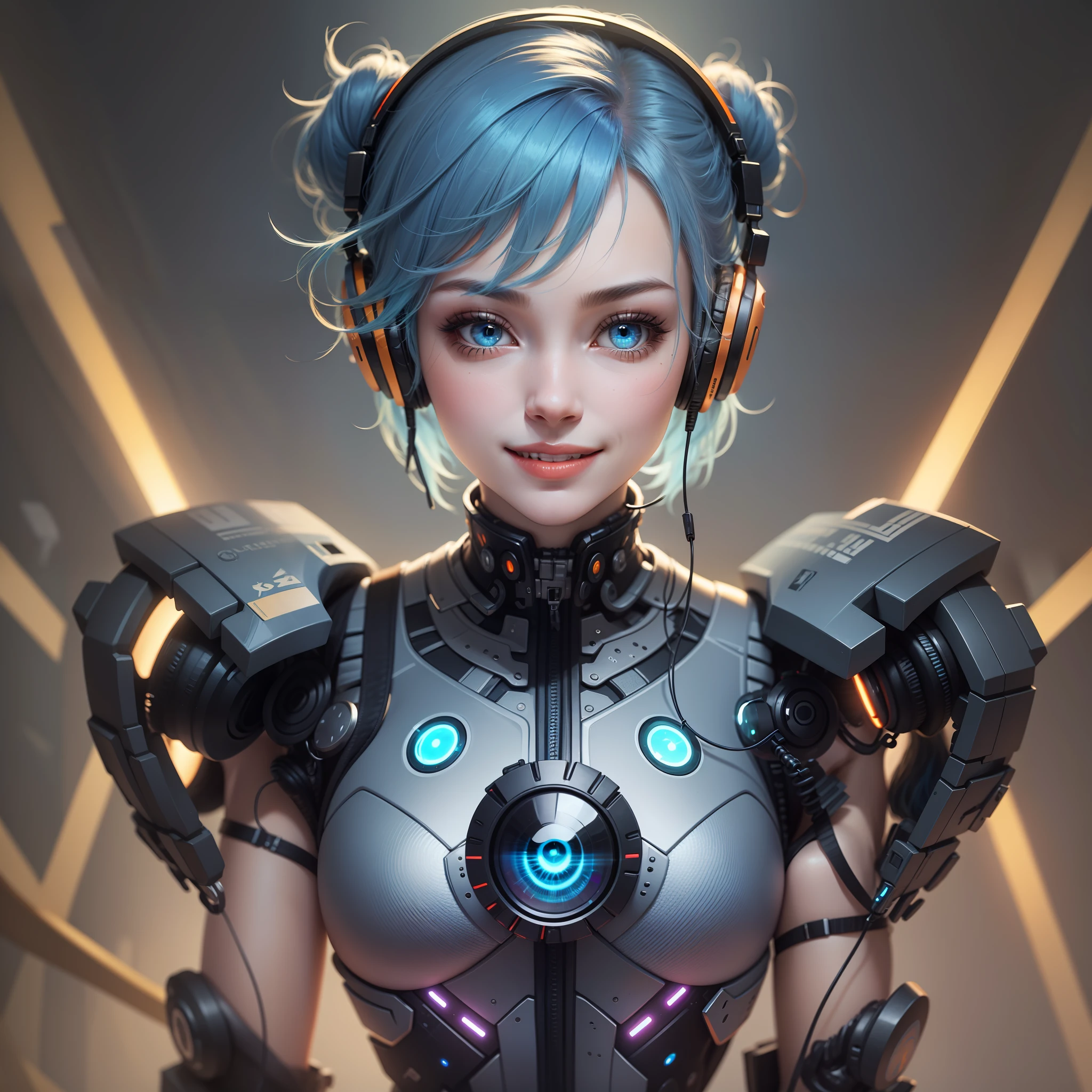 A blue-haired girl in a cool pose in a 3 quarter view with a bionic eye that glows orange, with futuristic headphones and biotechnological implants in the neck, she smiles and has a kind of cell phone in her hand.