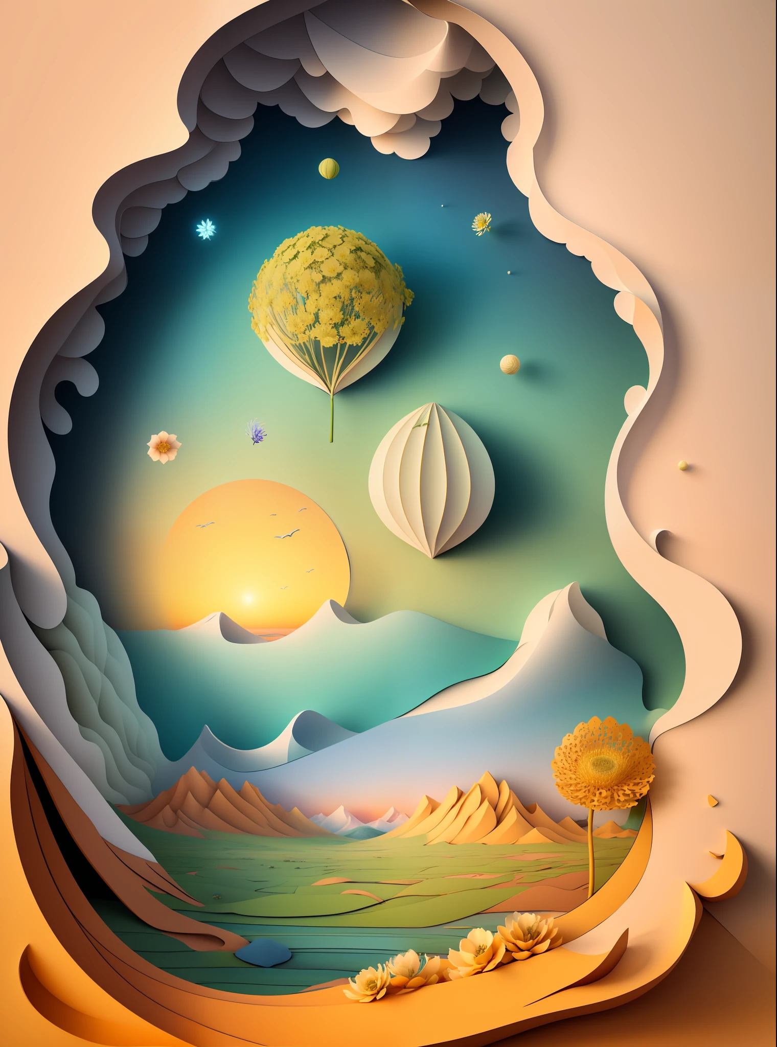 Natural and organic depictions of vast landscapes,Sky and steppe,Kelsang flowers,Clouds,extremely windy,Features earth tones and botanical motifs,Withdraw connections to nature and the environment,Influenced by botanical illustrations or environmental art,softlight,(warm color:1.15),best quality exquisite details,3D rendering