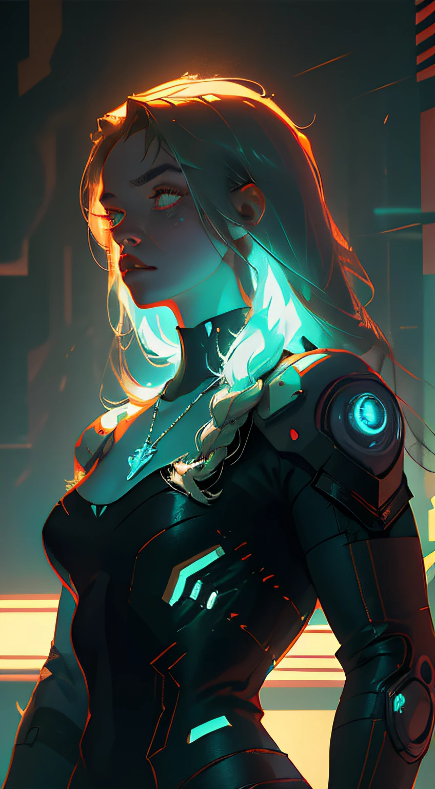 Striped hair, silver, long hair, blue hair, aqua eyes, glowing eyes, anchor necklace, cyberpunk, film grain, stereogram, tachi-e, masterpiece, textured skin, detailed face, fluorescent translucent clothes, muscular body, military, textured skin, glowing eyes, bright light, daybreak, cyberpunk background, fullbody shot, dynamic pose