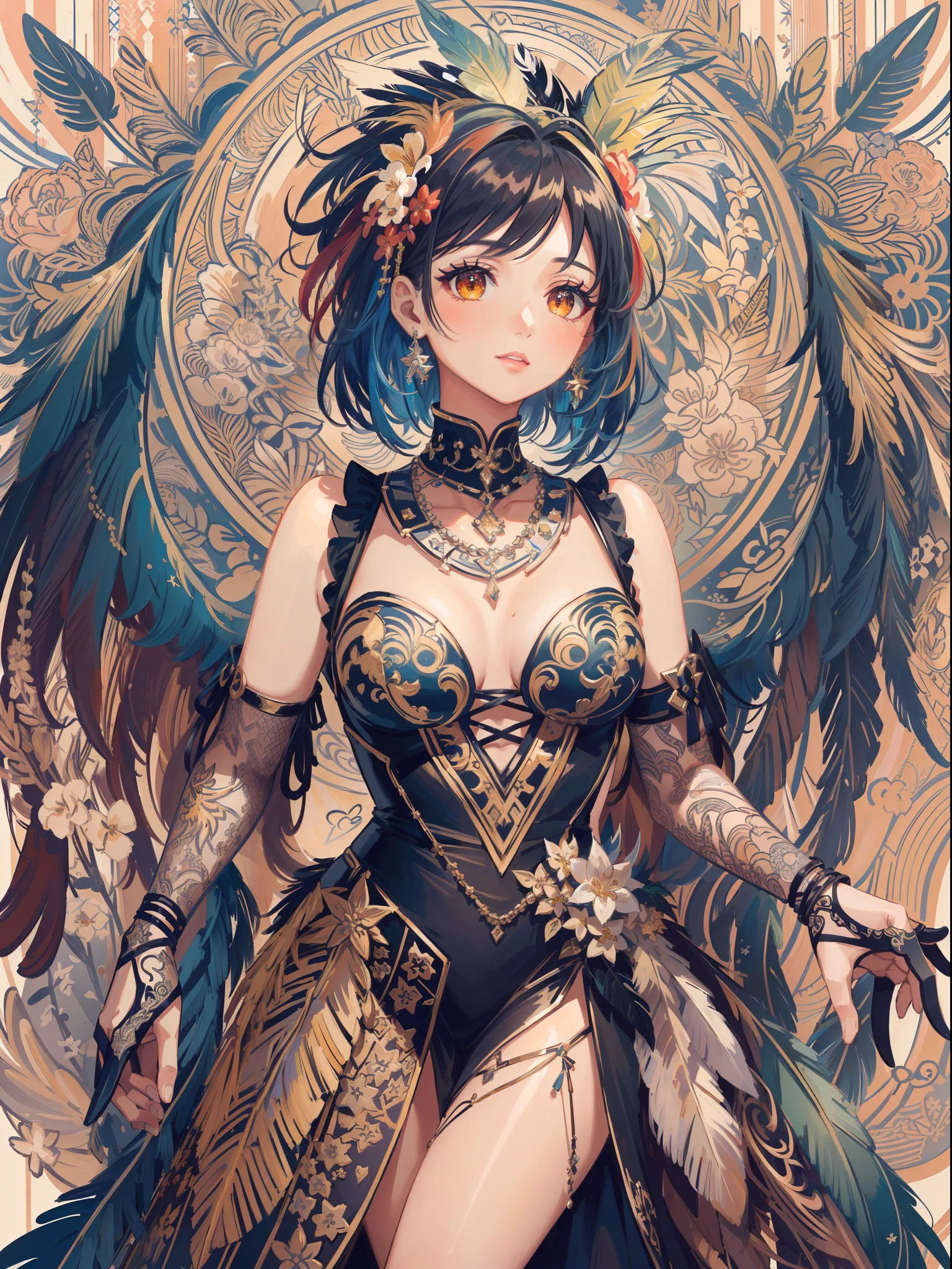 (masterpiece, top quality, best quality, official art, beautiful and aesthetic:1.2), (1girl:1.3), extremely detailed,(fractal art:1.1),(colorful:1.1)(flowers:1.3),highest detailed,(zentangle:1.2), (dynamic pose), (abstract background:1.3), (shiny skin), (many colors:1.4), ,(earrings), (feathers:1.5) , (Flamethrower:1.3),red background,Phoenix dress,