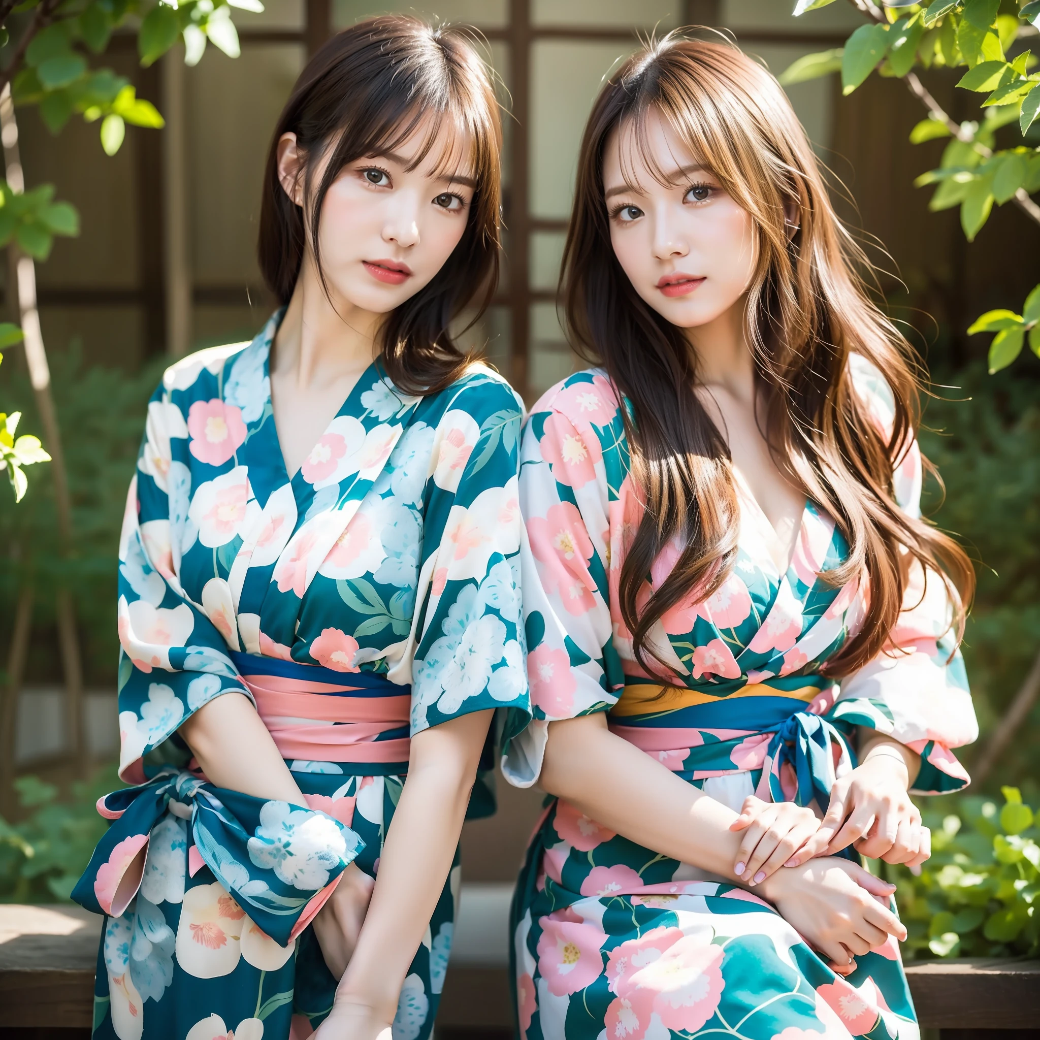 (8K、maximum quality、Master Pea:1.2)、(Hair、_style)、(Real、pfotorealistic:1.37)、maximum quality、Master Pea、A simple studio room with natural light、[Small breasts]、[Small breasted]、Two models with different atmospheres、Position one of the two in a well-balanced perspective、1 photo、High Balance、From the waist up、Camera angle with background facing up、Hands holding hair to ears、Hair styling and summer yukata style to match the trend of 2023、Three years for two Japan、Real、Real、super-detail、Beautiful facial features、20s、Actress、Half-Japanese and Russian models、Elaborate CG、slender、Charming、熟女、Long model and bob model for 3 years Japan、Hair fluttering in the wind、Delicate skin type、Hair with fine details and softness、The model's hair color is slightly lighter and softer、Gloss makeup、Yukata has a cute impression with gentle colors