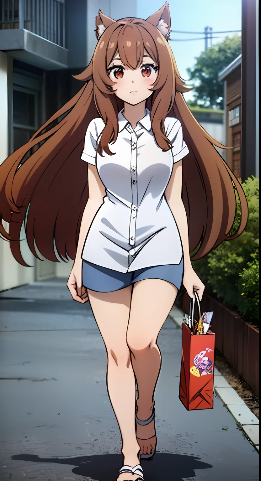 anime girl with long brown hair and white shirt walking down the street, Anime Moe Artstyle, raphtalia, protagonista femenina 👀 :8,