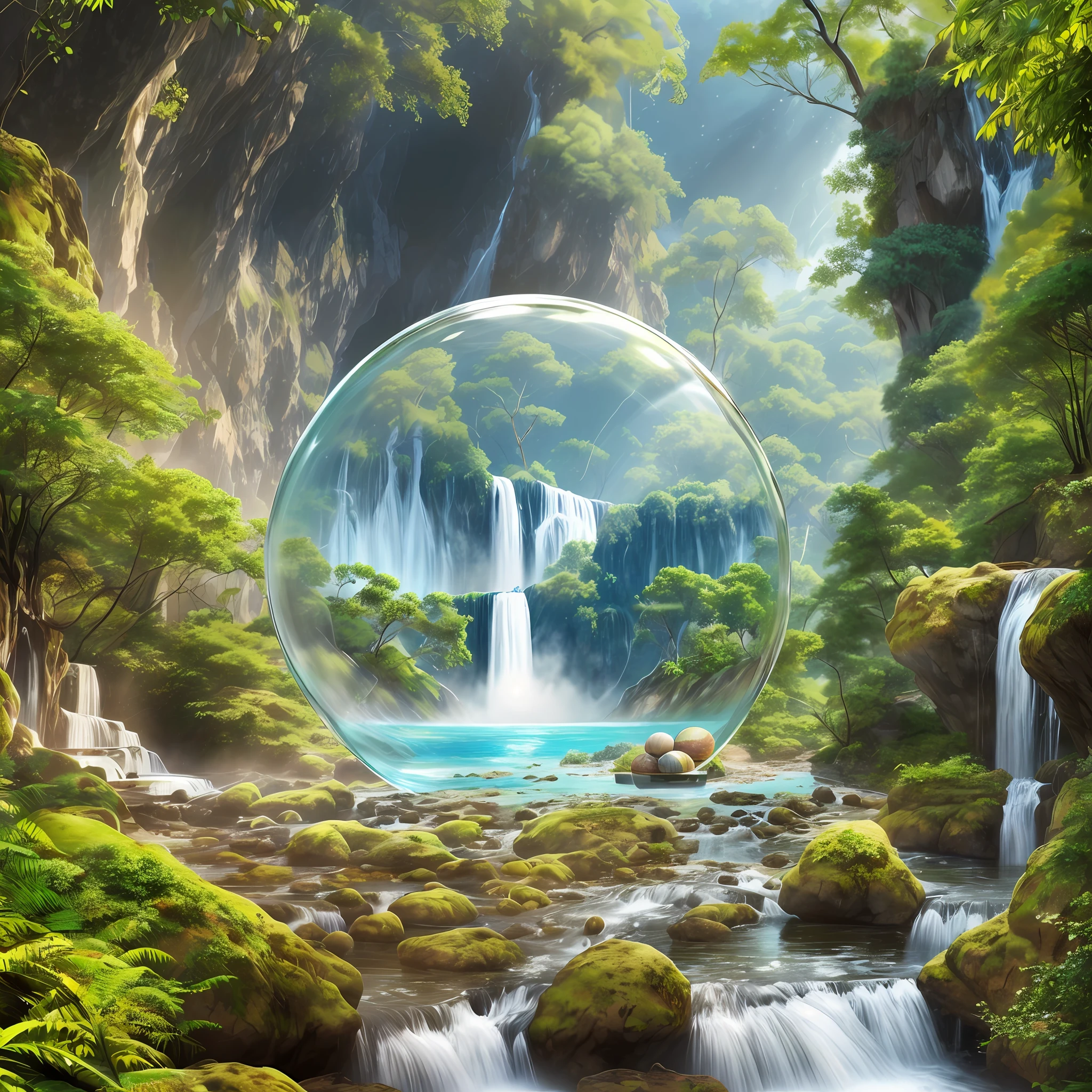((bola de cristal con una selva con una bonita catarata dentro)) . Pintura digital. Muy detallado. Ultra detallada. 8k - -upscale - --auto --s2