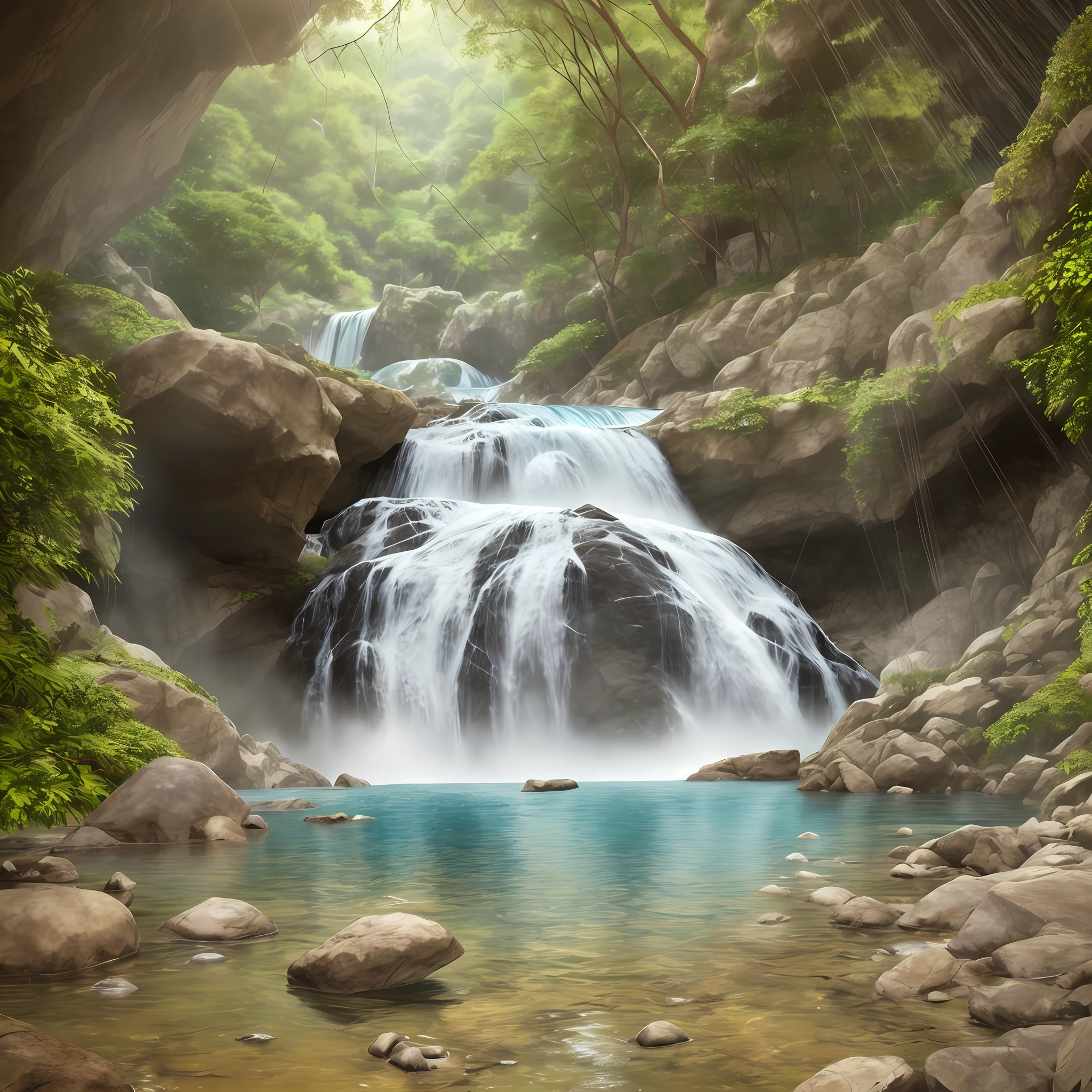 ((bola de cristal con una selva con una bonita catarata dentro)) . Pintura digital. Muy detallado. Ultra detallada. 8k - -upscale - --auto --s2