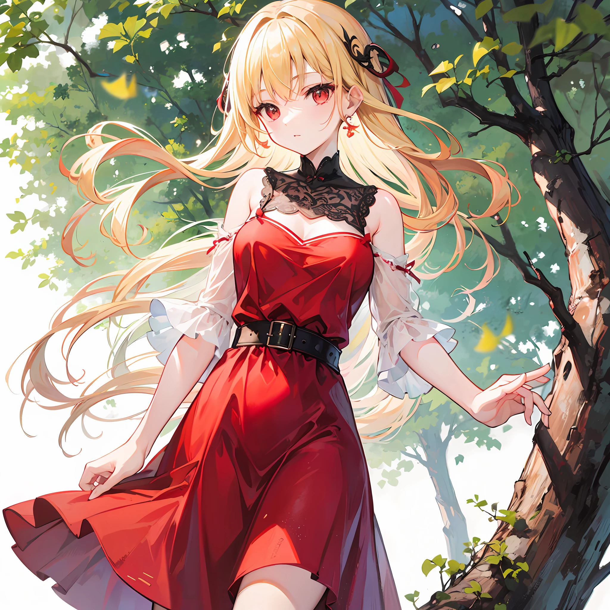 One blonde girl、red-eyed、Red dress、Gingko tree