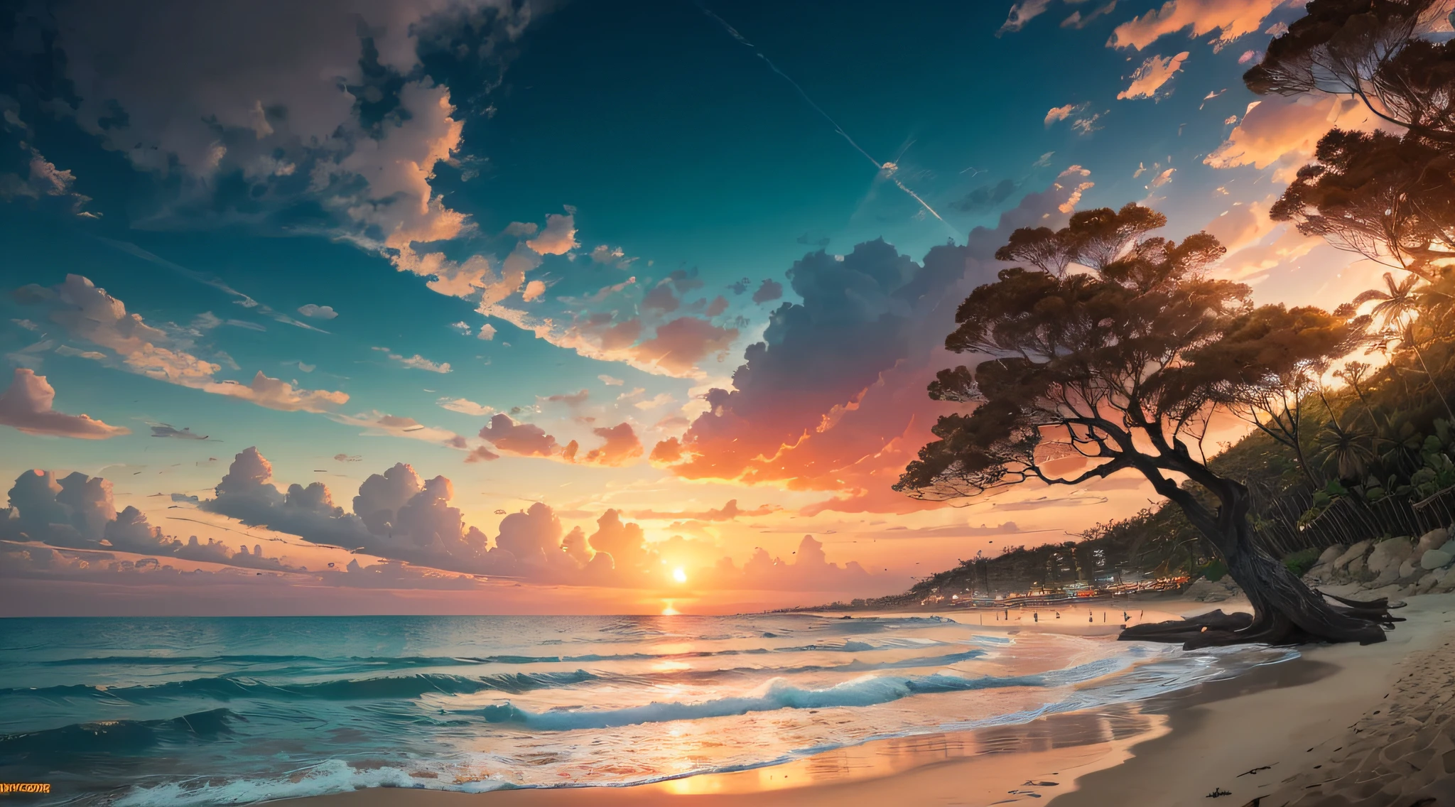 sunset at the beach, There are strangely shaped tree roots, (Curved roots) sunset at the beach, sunset at the beach, Beach at sunset, sunrise, On the beach at sunset, The day is over, Sunset glow, Show the beach at sunset, Sunset Beach, beach sunset background, sun down, On the beach at sunset, Surrealisality, highdetail, cinematic lighting, hasselblatt, Ultrahigh definition, 걸작, coordinate, anatomical correct, super-detail, highdetail, high quailty, A high-resolution, best qualiy, award-winning, 8K , Fujicolor, Fujifilm, Sony FE GM, retina, award winning, best quality, highres, 8k, high details, high quality, super detail, anatomically correct, masterpiece --auto
