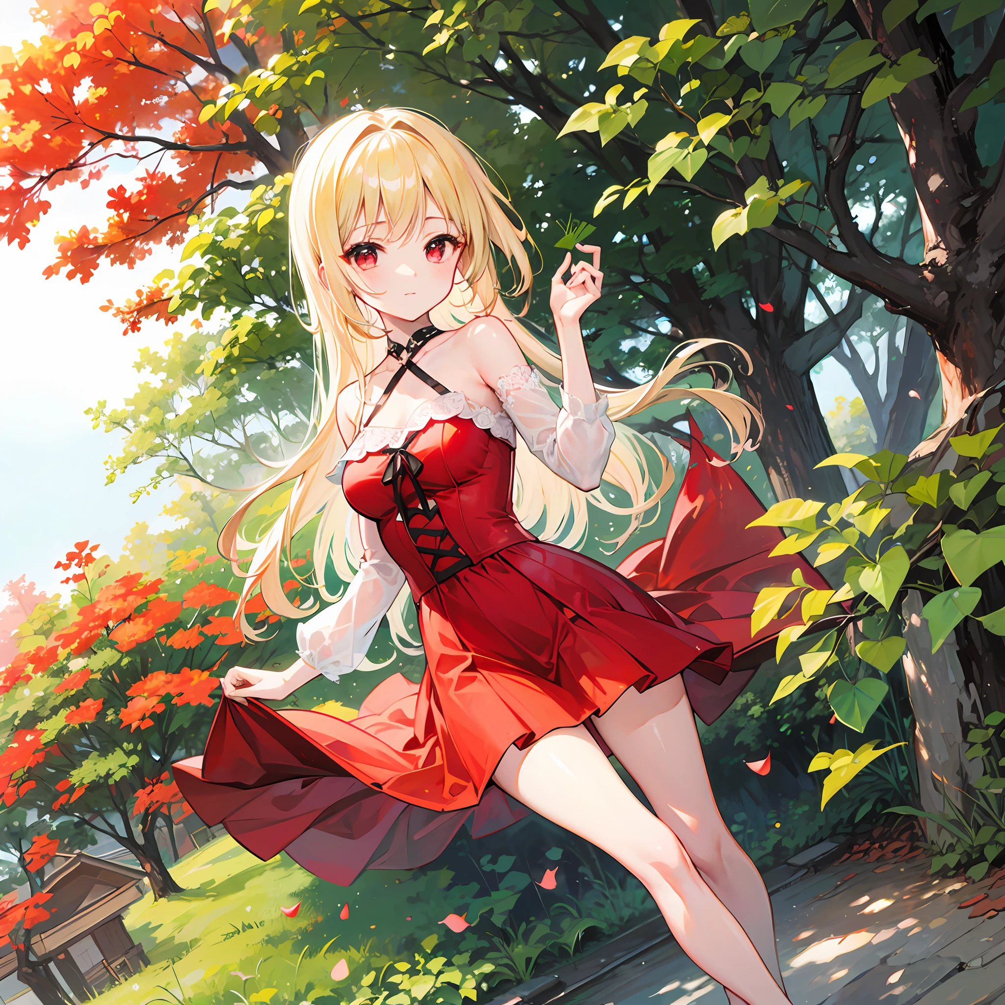 One blonde girl、red-eyed、Red dress、Gingko tree
