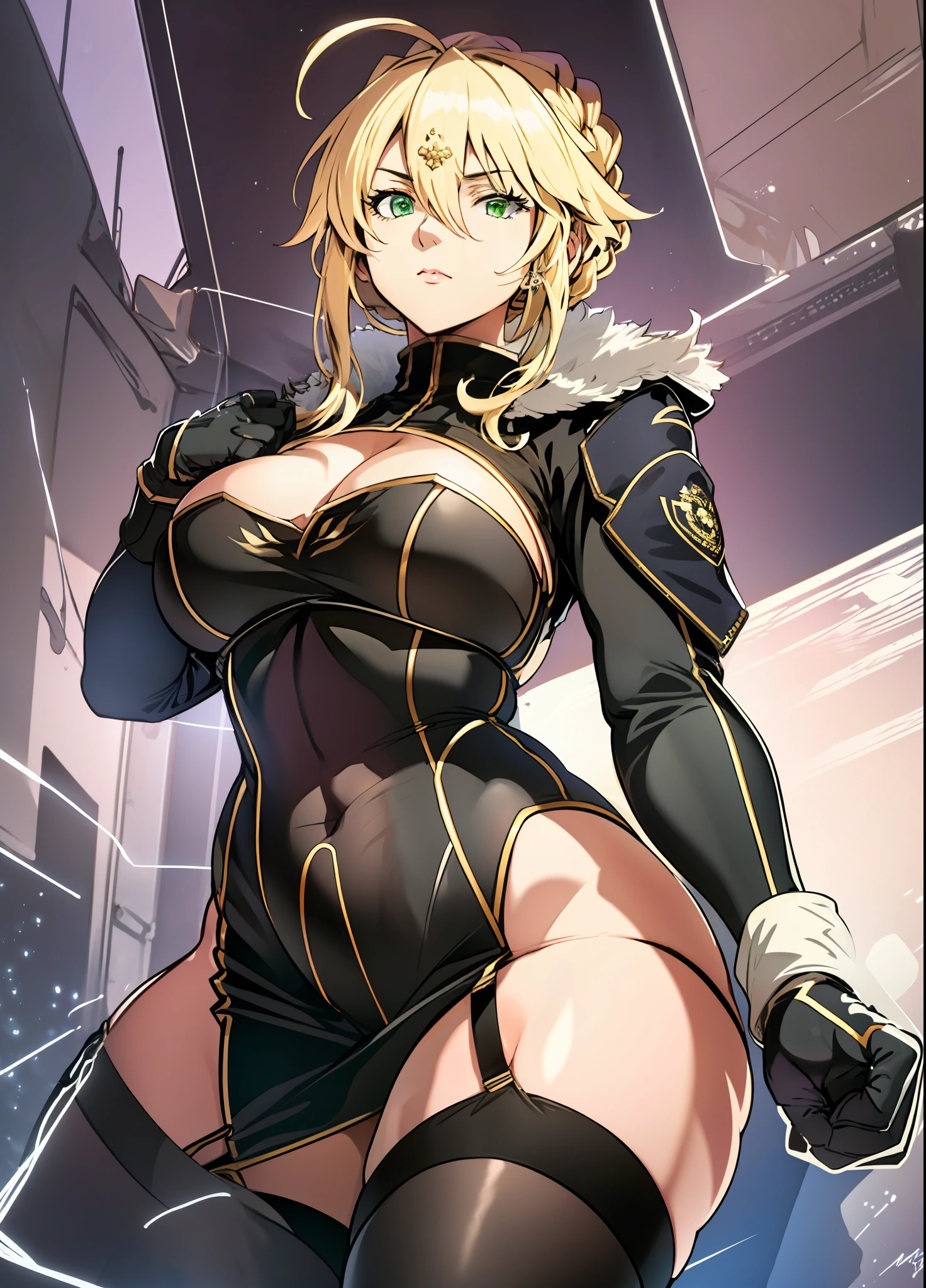 masterpieces, Detailed, Detailed eyes, mature female, Milf, a 1girl, ahoge, alternate costume, black gloves, black thighhighs, wide thighs, blonde hair, braid, Breast, coat, gloves, Green eyes, hair between eyes, holding, big chest, Long Hair, looking at viewer, military, military uniform, serious, side slit, upskirt, solo, standing up, hips, hips, uniform, big chest, single hair bun, French braid, garter straps,