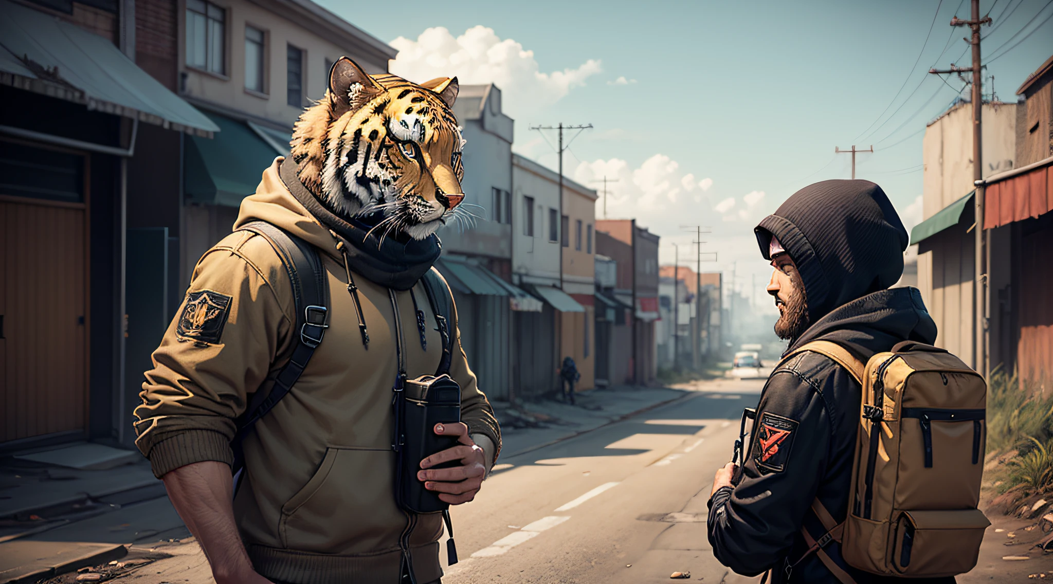 tiger head man, cheetah, dayz, chernarus, Post-apocalyptic world, jogo de fps, mochila nas costas, frio, pinheiros, arte visual, survival game, arte do jogo de capa, vibe apocaliptica --auto