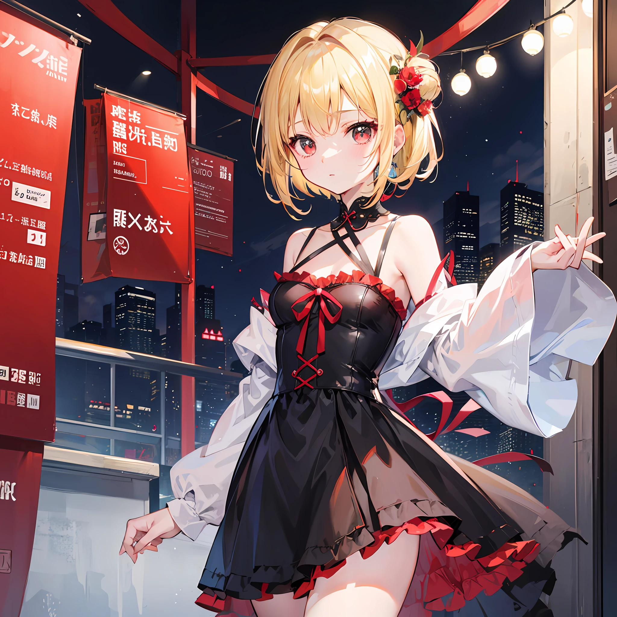 One blonde girl、red-eyed、The dress、mountain