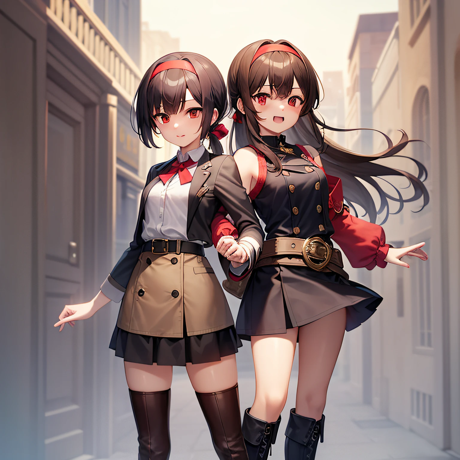 maximum quality、anextremelydelicateandbeautiful、（（One person））、11years old、(Dark hair)、Gray clothes with vertical buttons、Belt at waist、Gray miniskirt、((ponytails))、(red hairband)、(Brown boots)、red-eyed、Standing、Sorrisos、