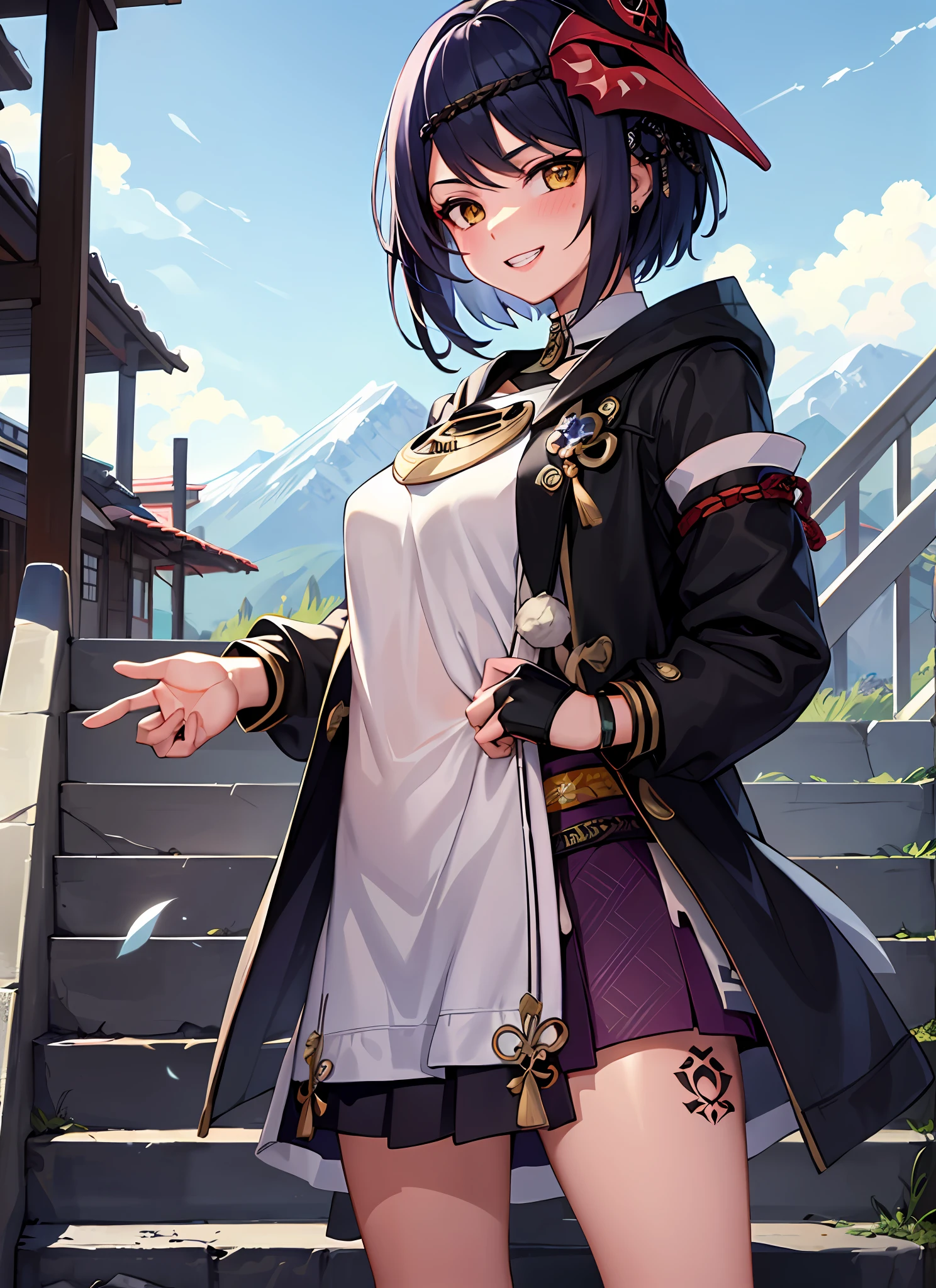 kujousaradef, smile, blush, outdoors, day, simple background, blue sky, short hair, sky, temple, looking at viewer, stairs, mountain, moody lighting, facing viewer, sexy pose, show teeth, tattoo, cool black tattoo, ear pierce, cleveage, jacket, mini skirt, stocking,