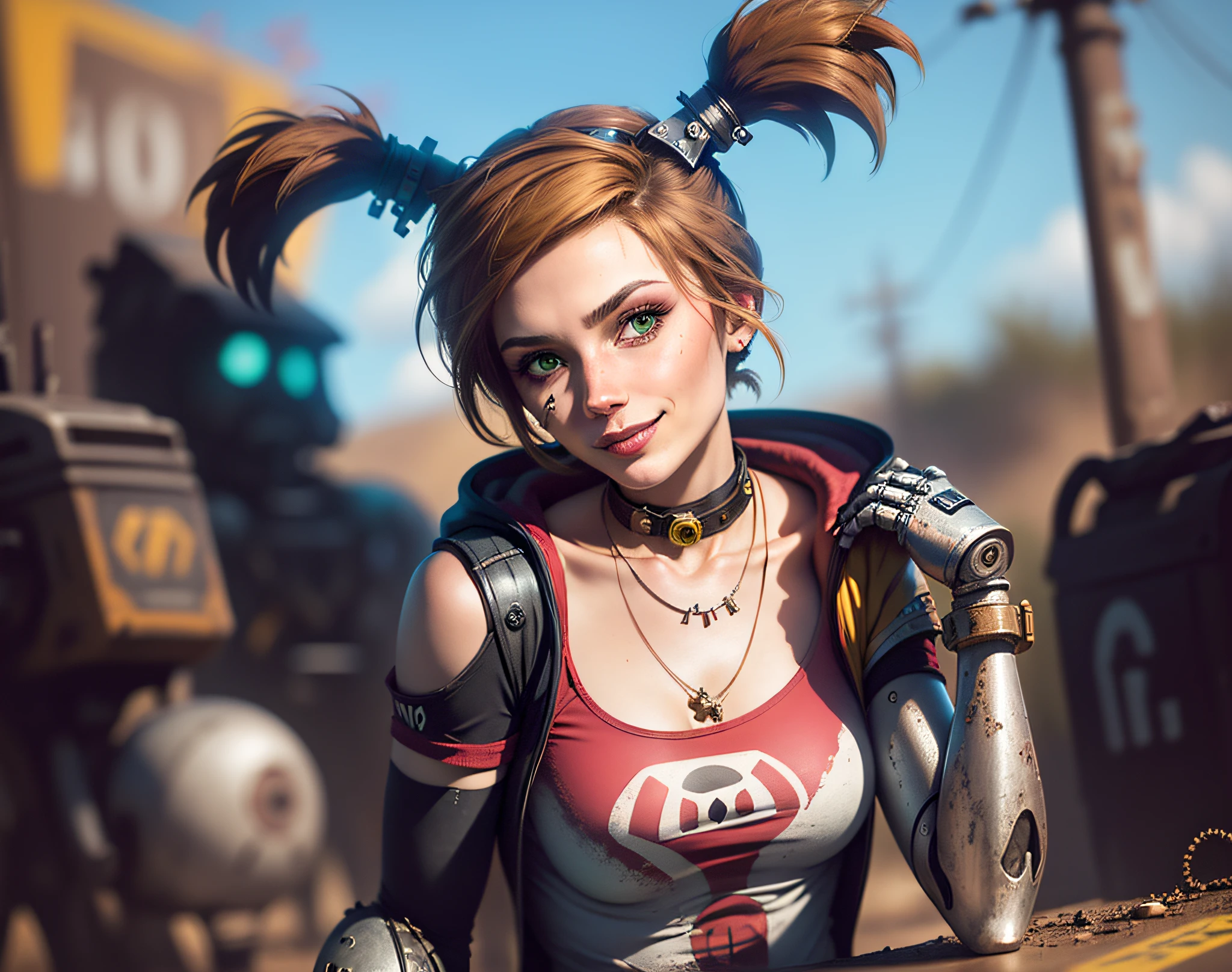 gaige, masterpiece, best quality, 1girl, green eyes, solo, goggles, jewelry, twintails, brown hair, dirty, necklace, breasts, dirty face, bandaid, bandaid on face, robot, smiling,  lips, prosthesis, sky, collar, choker, mechanical arms, upper body, small breasts, sign  (bloom, HDR:1.2),