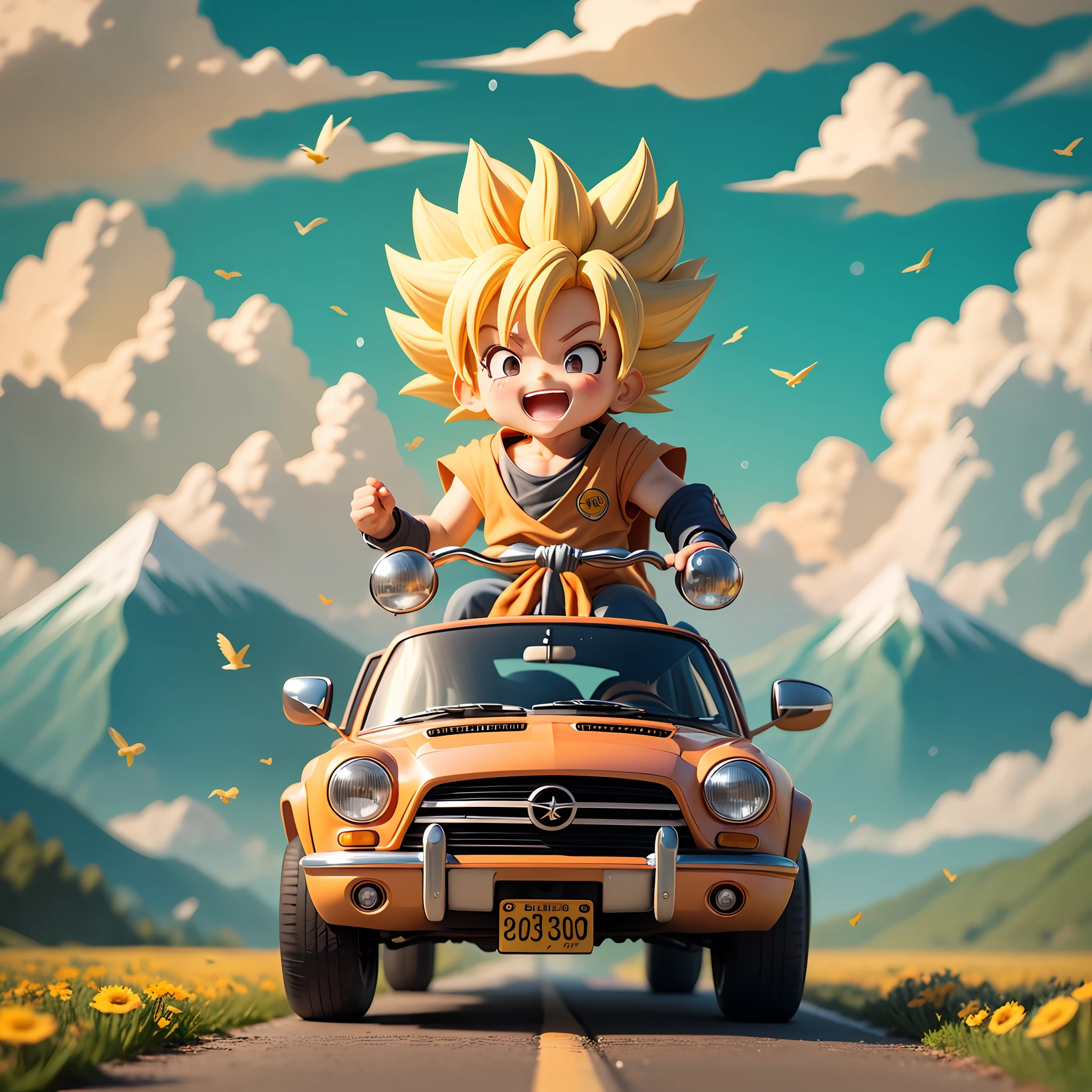 raindrops，Clouds，sunbeam，highway，Little boy driving a car，son goku，super saiyan，Laugh，Spiked hairstyle，Flowers，Mountain，rivers，bird，Entire body，Rich colors，Chibi T-Shi