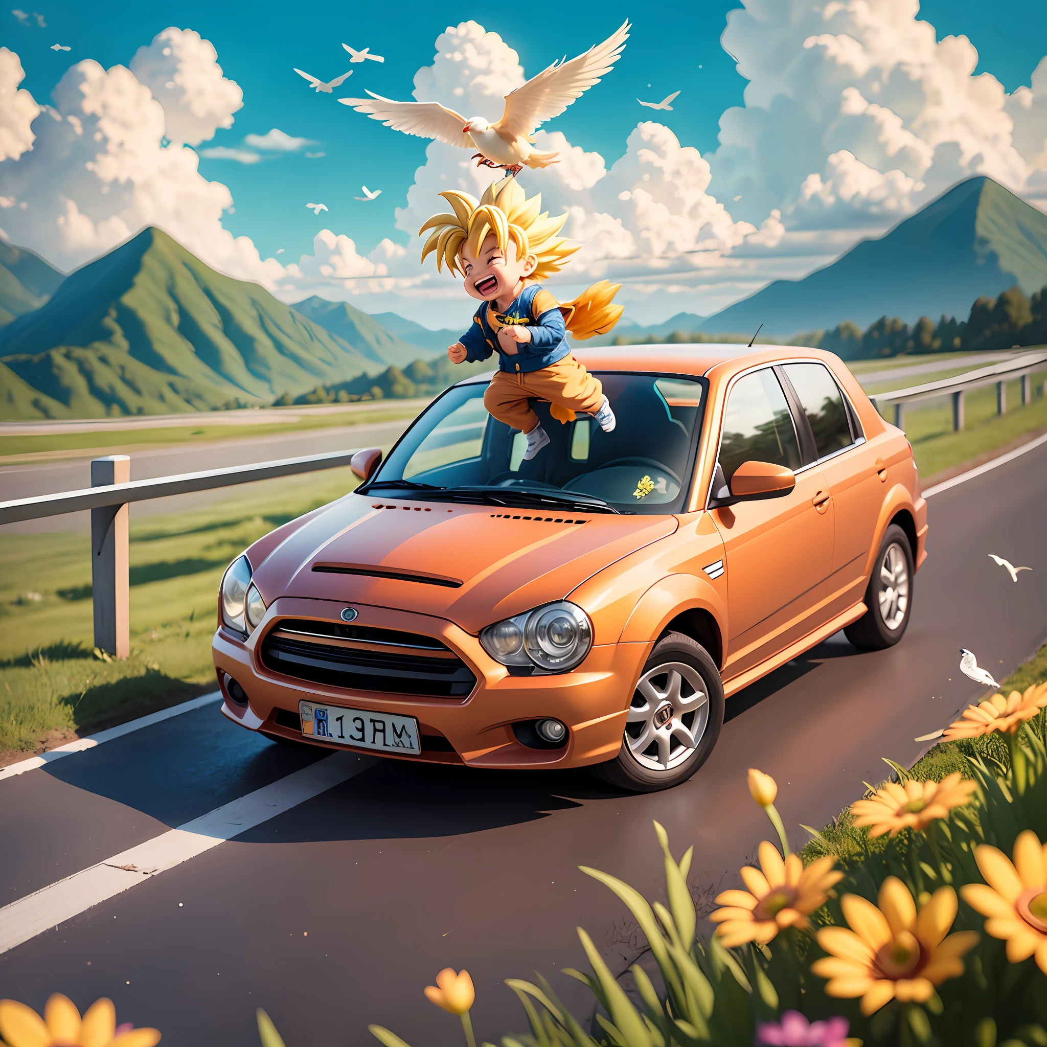 raindrops，Clouds，sunbeam，highway，Little boy driving a car，son goku，super saiyan，Laugh，Spiked hairstyle，Flowers，Mountain，rivers，bird，Entire body，Rich colors，Chibi T-Shi