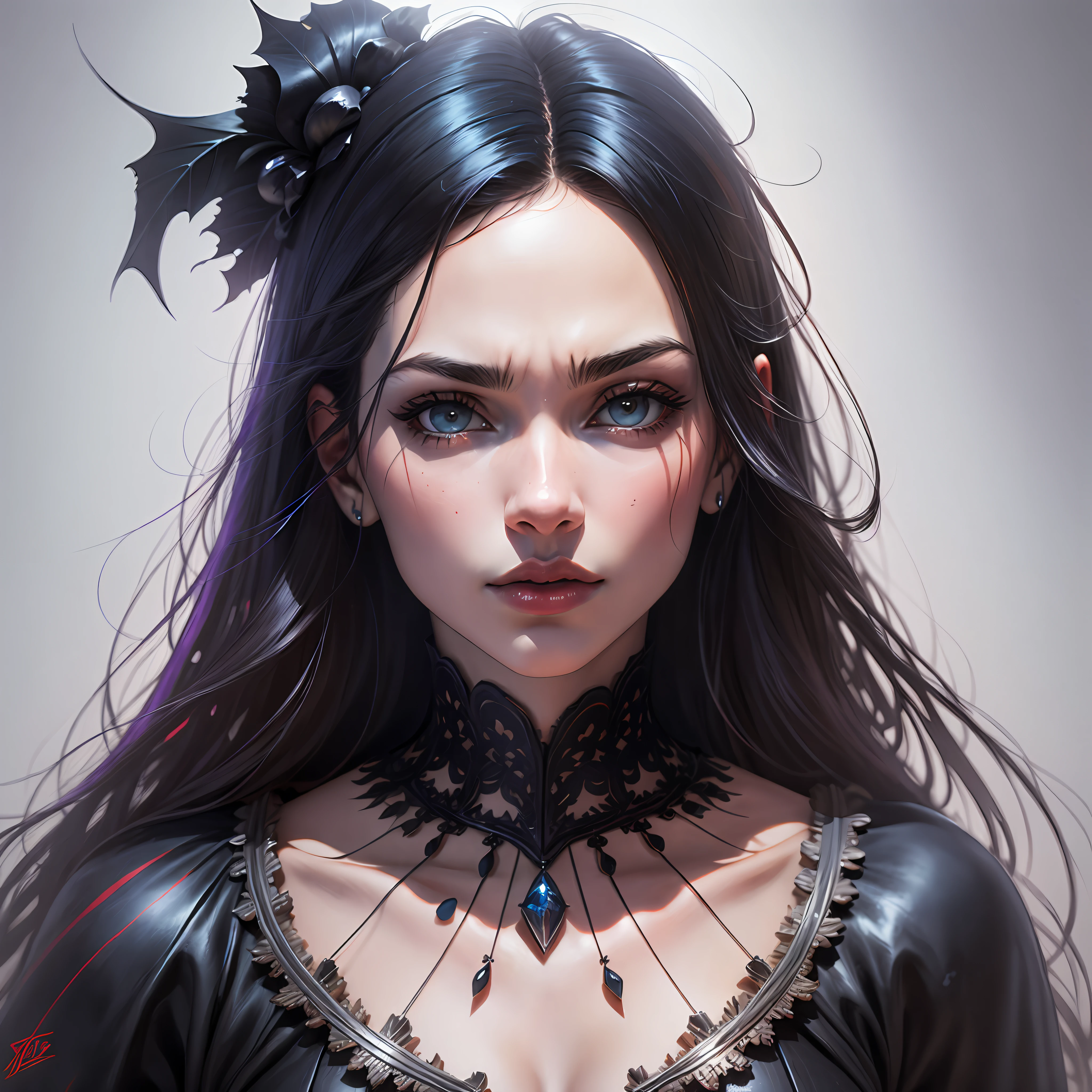 Estilo realismo, Arte centrada, vetor 2D, garota vampira sexy semi nua, olho vermelho presas na boca cabelo escuro, fine features, chromatic, Adobe Illustration, trending on ArtStation, hd, 8k, detalhes intrincados, olhos vibrantes, Arte deslumbrante, Masterpiece, Direction: Rafael Albuquerque, Luminosidade REMBRANDT