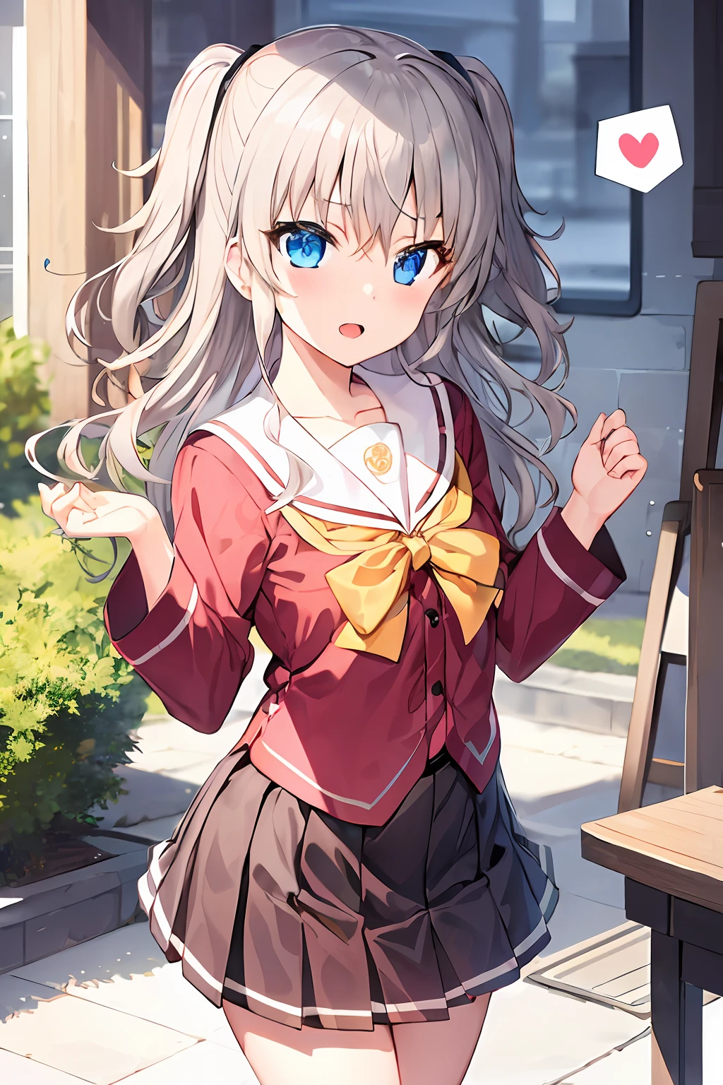 1girl, Tomori, Wariza, standing, (heart: 1.2), blue skirt, white shirt, serafuku, open mouth, (talking heart: 1.4)