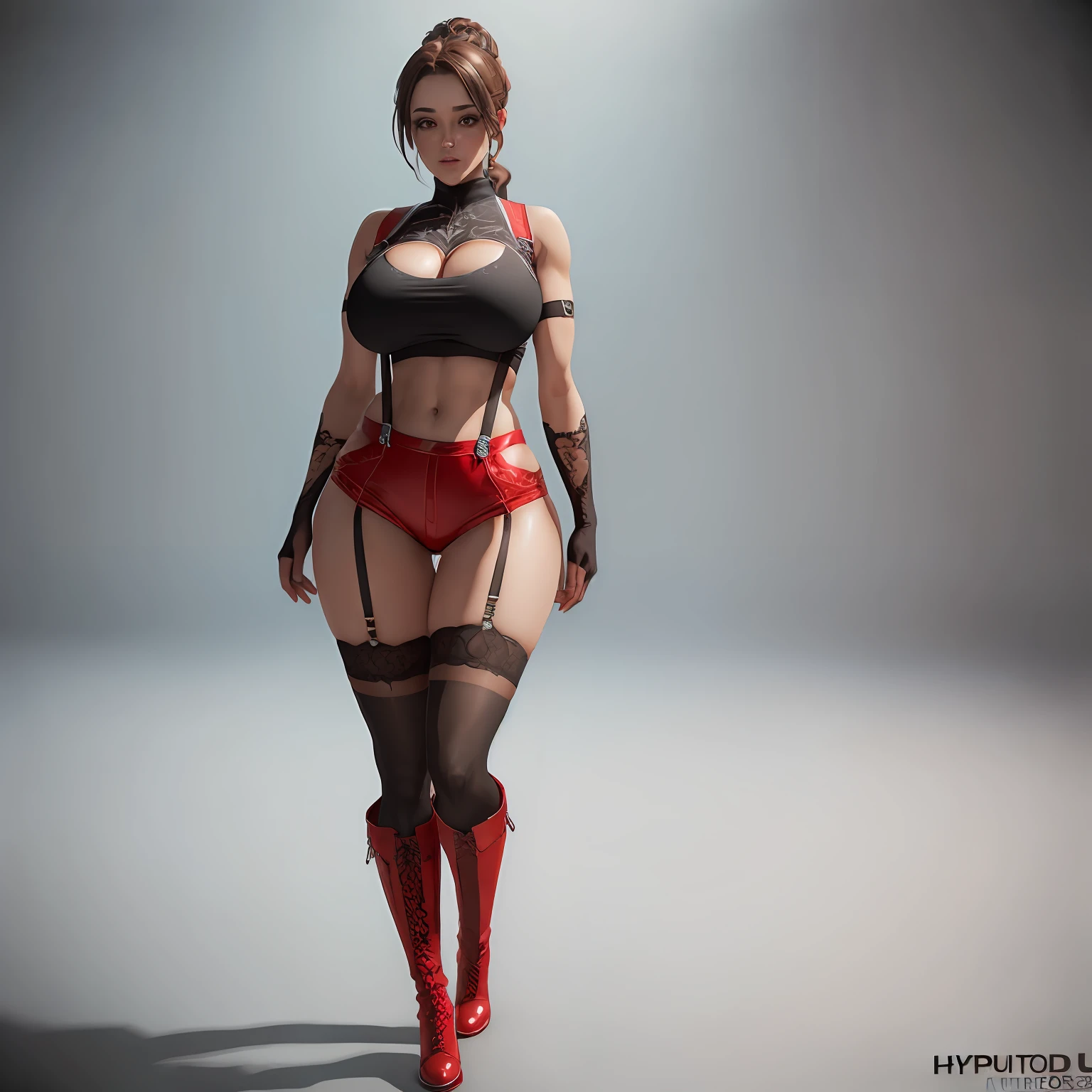 Unreal Engine 5 Realistic Render, (masterpiece, best quality), intricate details, (Best quality)), ((masterpiece)), ((realistic)), (hyperrealism:1.2), (fractal art:1.2),
1girl, 7rtifa, crop top, arm guards, fingerless gloves, suspenders, pleated miniskirt, black thighhighs, red boots
extreme detailed eyes, colorful, highest detailed,
vibrant colors, high contrast,
(8K UHD:1.2), (photorealistic:1.2), beautiful face, top body is hyper realistic thicc muscle and hyper largest_breasts!! with the type of boobs_melons, lower is huge buttocks, wet shiny body --auto