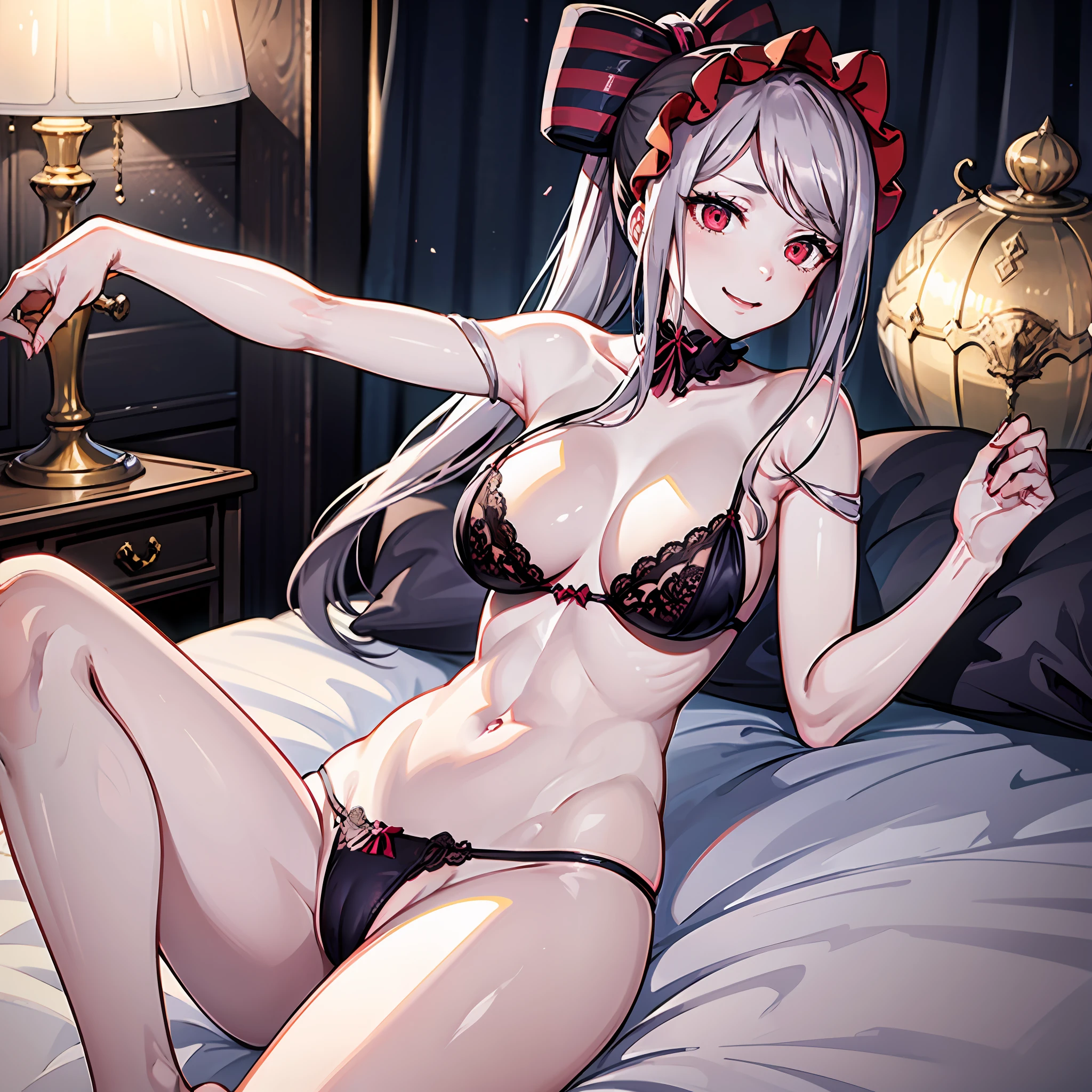 Shalltear, 1Menina, vampiro, sentada deitada numa cama, corpo inteiro, pale skin, pele branca, quarto, sorriso malvado, boca aberta, estante, Lingerie preta, olhos cortados, hair bow, split lighting, particles light, altamente detalhado, Absurdo, obra prima, boa anatomia, hands in hair, pose sensual, top camera, imagem de cima