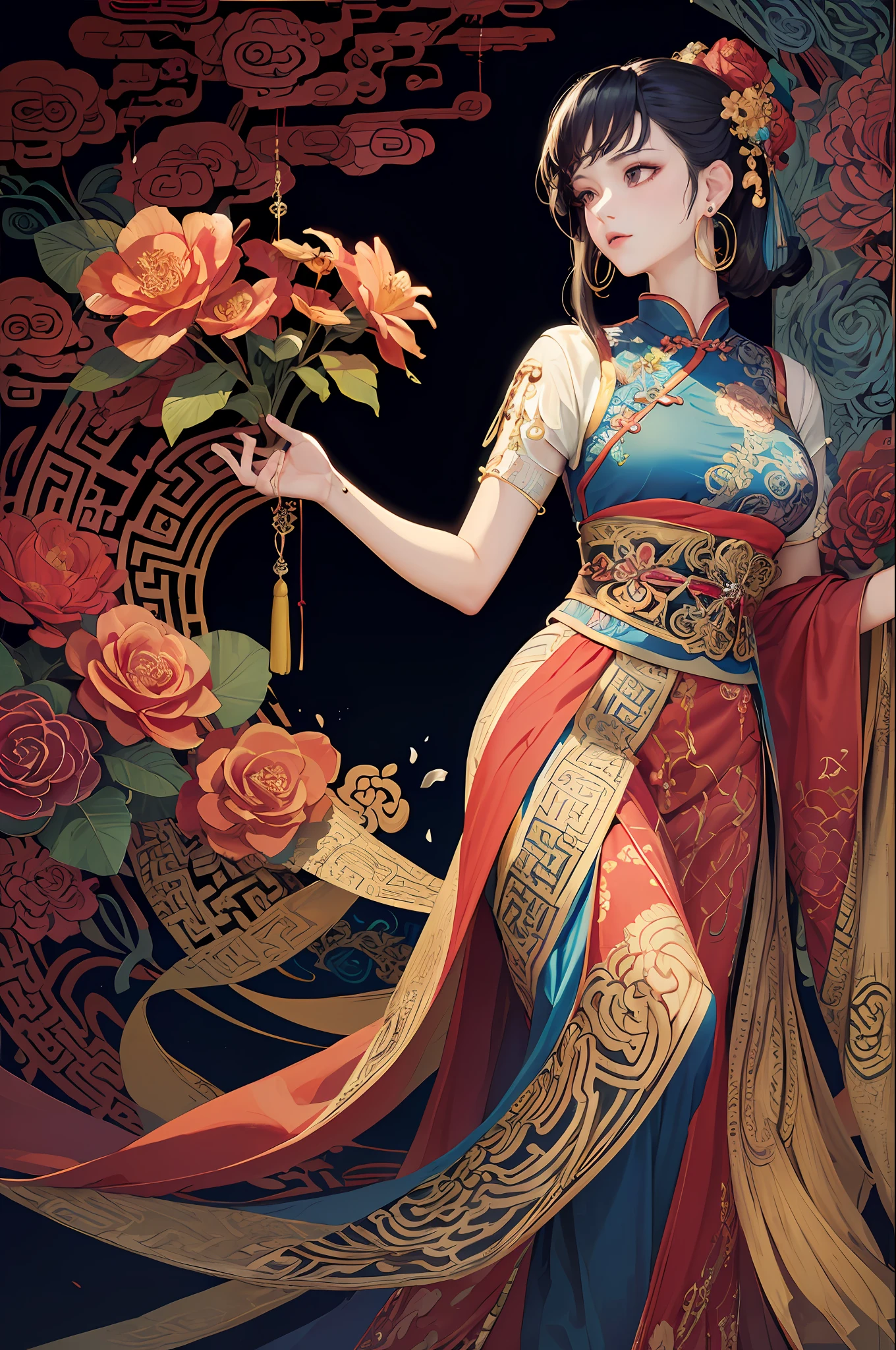 (masterpiece, top quality, best quality, official art, beautiful and aesthetic:1.2), (1girl:1.3), extremely detailed,(fractal art:1.1),(colorful:1.1)(flowers:1.3),highest detailed,(zentangle:1.2), (dynamic pose), (abstract background:1.3), (chinese Traditional cloth:1.2), (shiny skin), (many colors:1.4), ,(earrings:1.4),