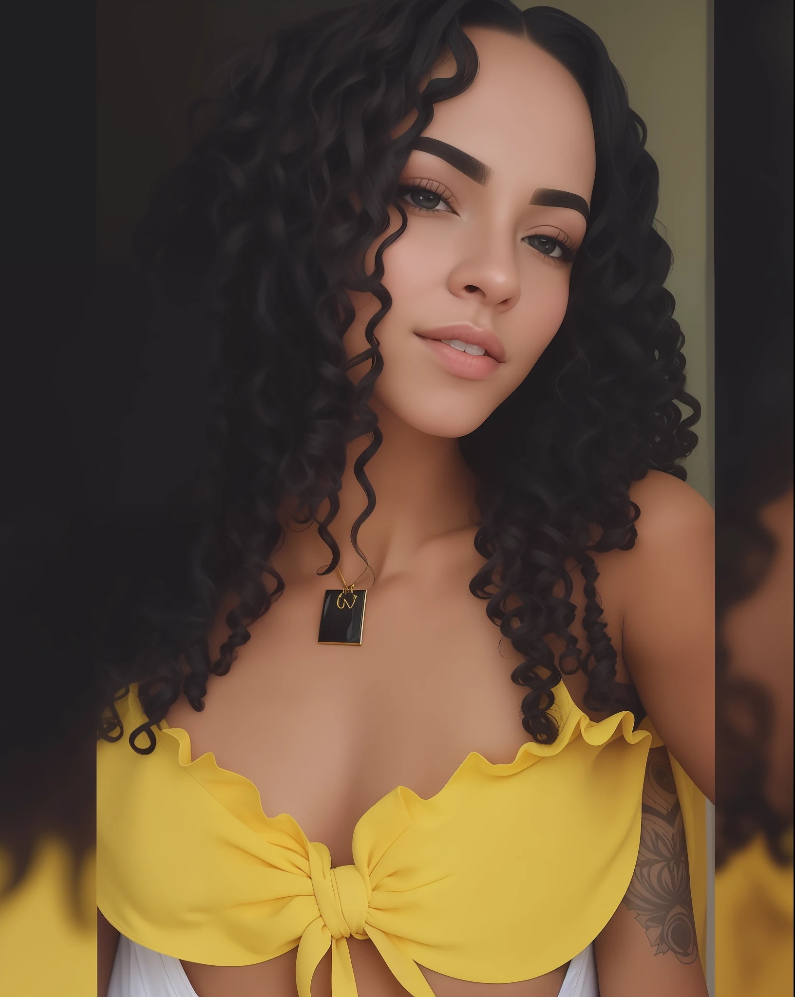 um close up de uma mulher com longos cabelos cacheados usando um top rosa, Mulher de 30 anos do Brasil, foto de uma mulher negra, imagem de perfil, Direction: Andrée Ruellan, Parece Fabiula Nascimento, cabelo encaracolado preto, beleza estonteante