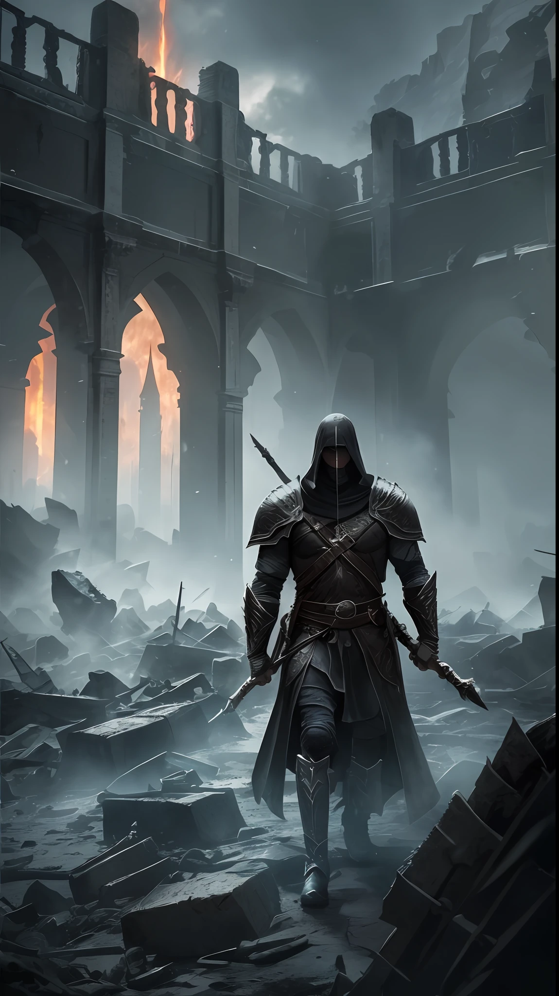 (very detailed 8k wallpaper), vista shot of a scary necromancer with ruins in the background, full body, intricate, high detail, dramatic, illustration, master drawing, fantasy art, Artstation Trends --auto --v 6