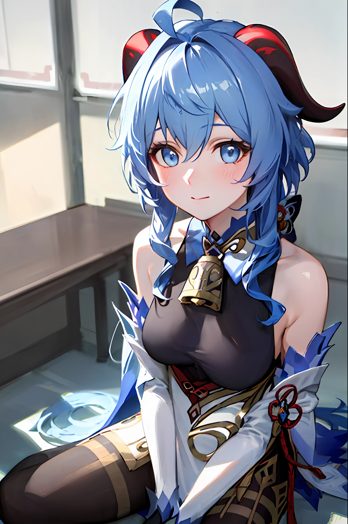 (photorealistic:1.4), (masterpiece, sidelighting, finely detailed beautiful eyes: 1.2), masterpiece*portrait, realistic, 3d face,
ganyu \(genshin impact\), 1girl, ahoge, architecture, bangs, bare shoulders, bell, black gloves, black pantyhose, (blue hair), blush, breasts, chinese knot, detached sleeves, flower knot, gloves, horns, long hair, looking at viewer, medium breasts, neck bell