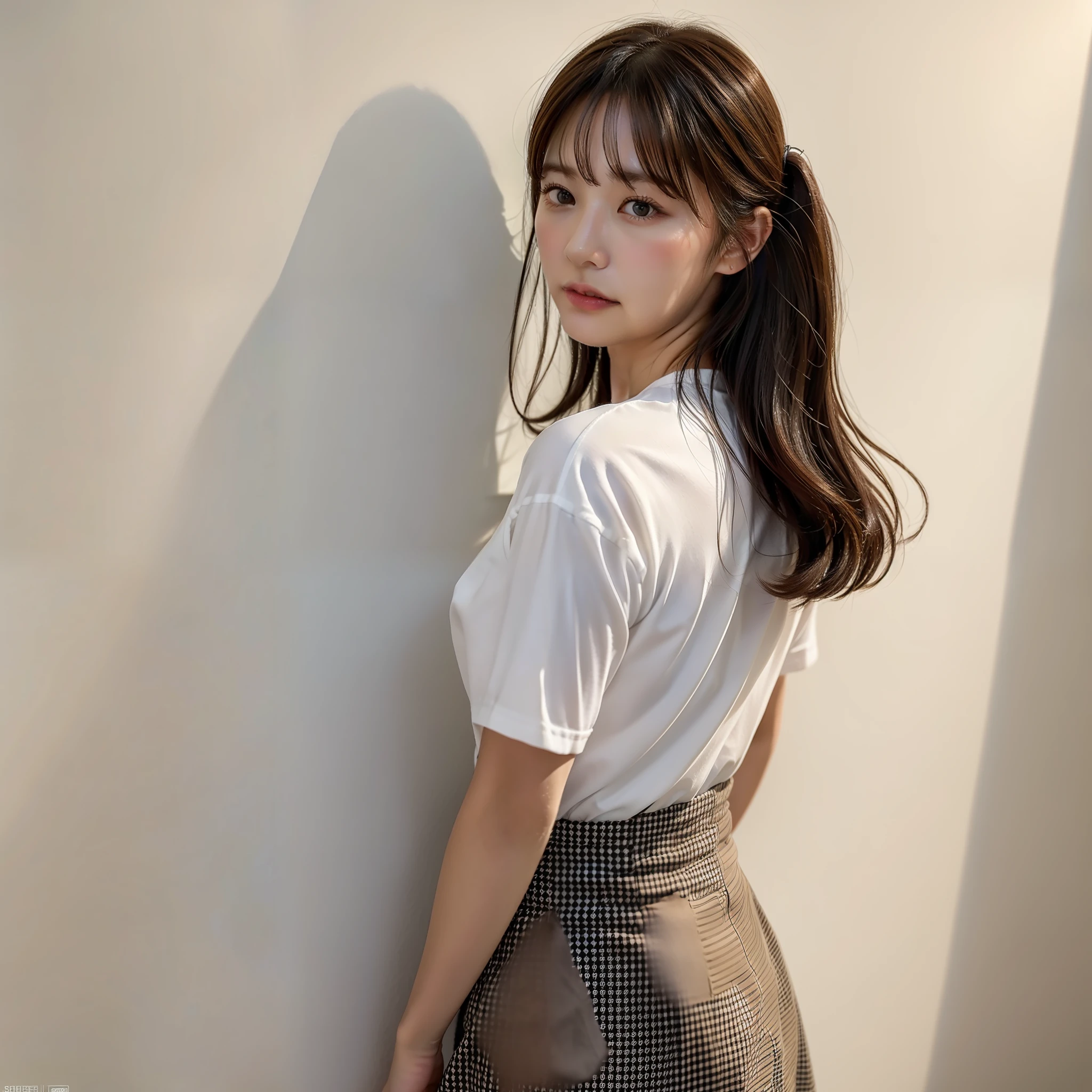 (8k, highest quality, masterpiece: 1.2), (hair_style), (realistic, photorealistic: 1.37), plump eyes, highest quality, masterpiece, ((standing in front of a white wall)), gradient lighting, Japan models, [small breasts], professional lighting, shooting the whole body from a distance with the subject close to the edge, angle from behind, shot in a room with light, 2023 Japan trend fashion style, realistic, super detailed, 30s, cute, actress, elaborate CG, slender, hairstyle is straight straight hair, delicate skin type, (emphasizes the luster of hair from behind), hands placed at the mouth, short length T-shirt, whitish skirt