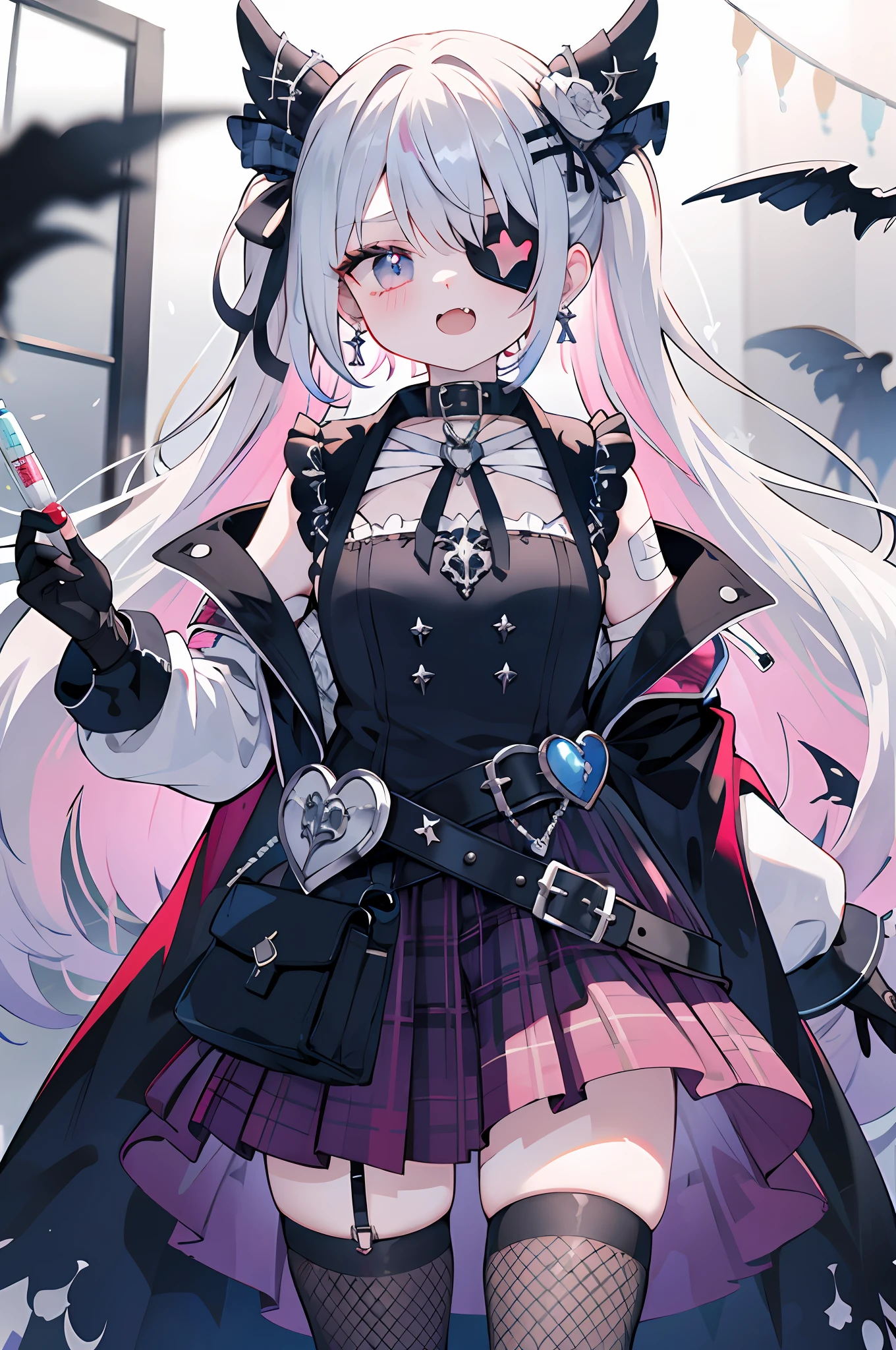 Purple plaid skirt,rivet,leather belt,fang,lolita fashion,Lolita style,Lori,cuteness, Lolita Girl,Y2K,Emo style,non-mainstream,Mines are girls,Harajuku style,Exaggerated dressing,Intricate ornaments,Rock style,Gothic style,rivet,ear ring,two tone hair,Pink and blue hair,Half-cut gloves,Leg rings,Metal jewelry,Blood,Maniacal laughter,Sick,fishnet stockings,Unilateral eye patch,Sutures,bandages,Cardioidary,syringe,Metal buckle,Collar