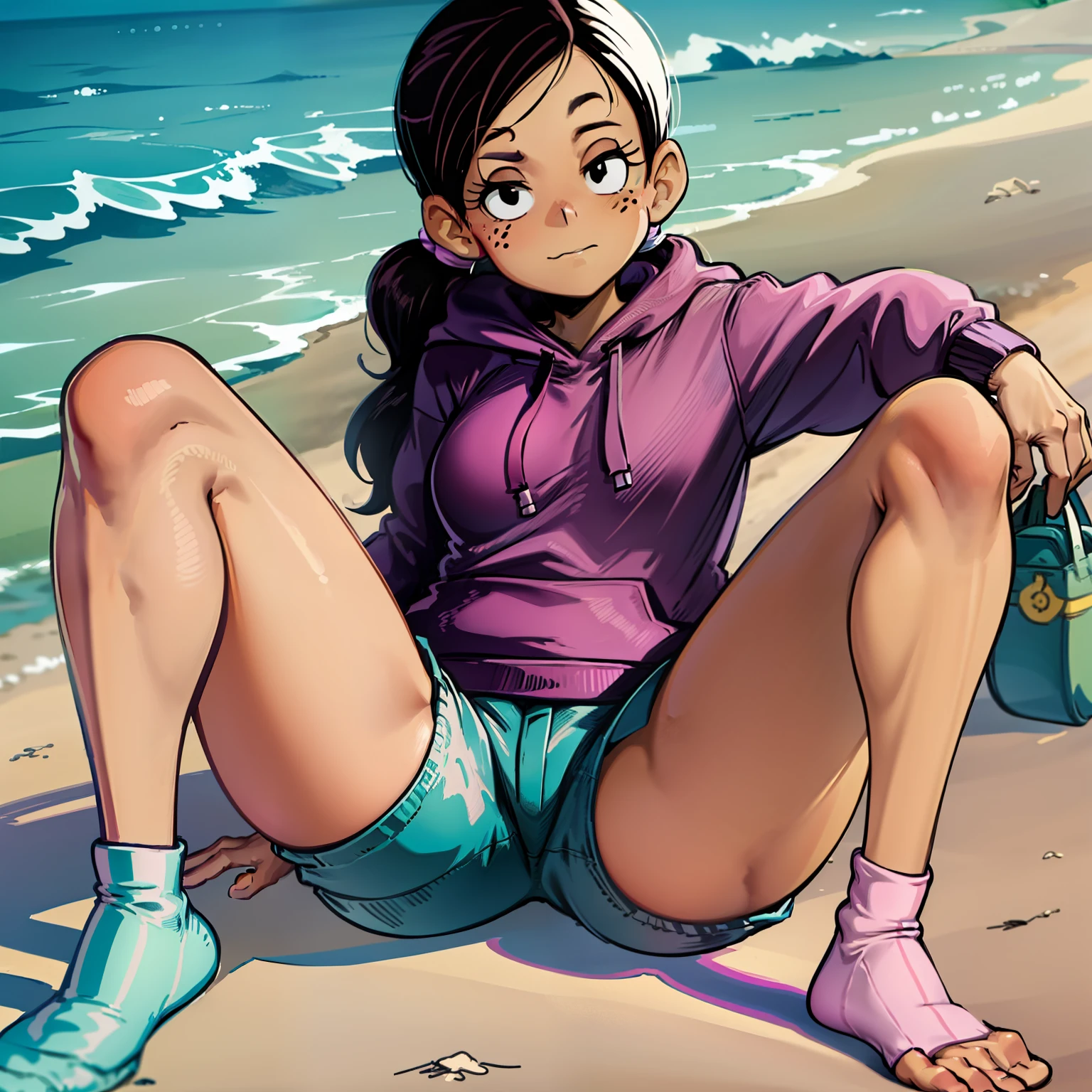 Ronnie Anne, hoodie, shorts, black eyes, ponytail, tanned skin, full body, curvy arms, defined legs, beautiful, pose, in the beach, long socks, curvilinear legs. one leg raised and the other on the ground, stretching out a leg, one arm holding a leg