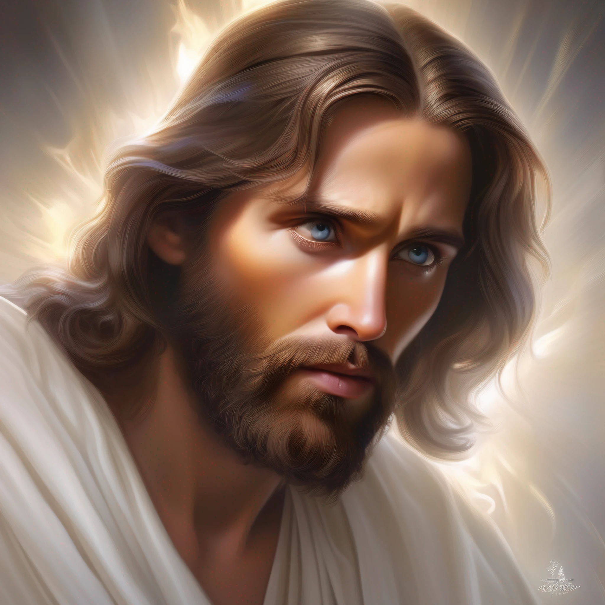 8k portrait of Jesus Christ, with medium beard, (dark brown hair and beard), dressed in white and tonic, intricate, elegant, highly detailed, majestic, digital photography, art by artgerm and ruan jia and greg rutkowski surreal painting (masterpiece, side lighting, beautiful finely detailed eyes: 1.2 ), hdr,